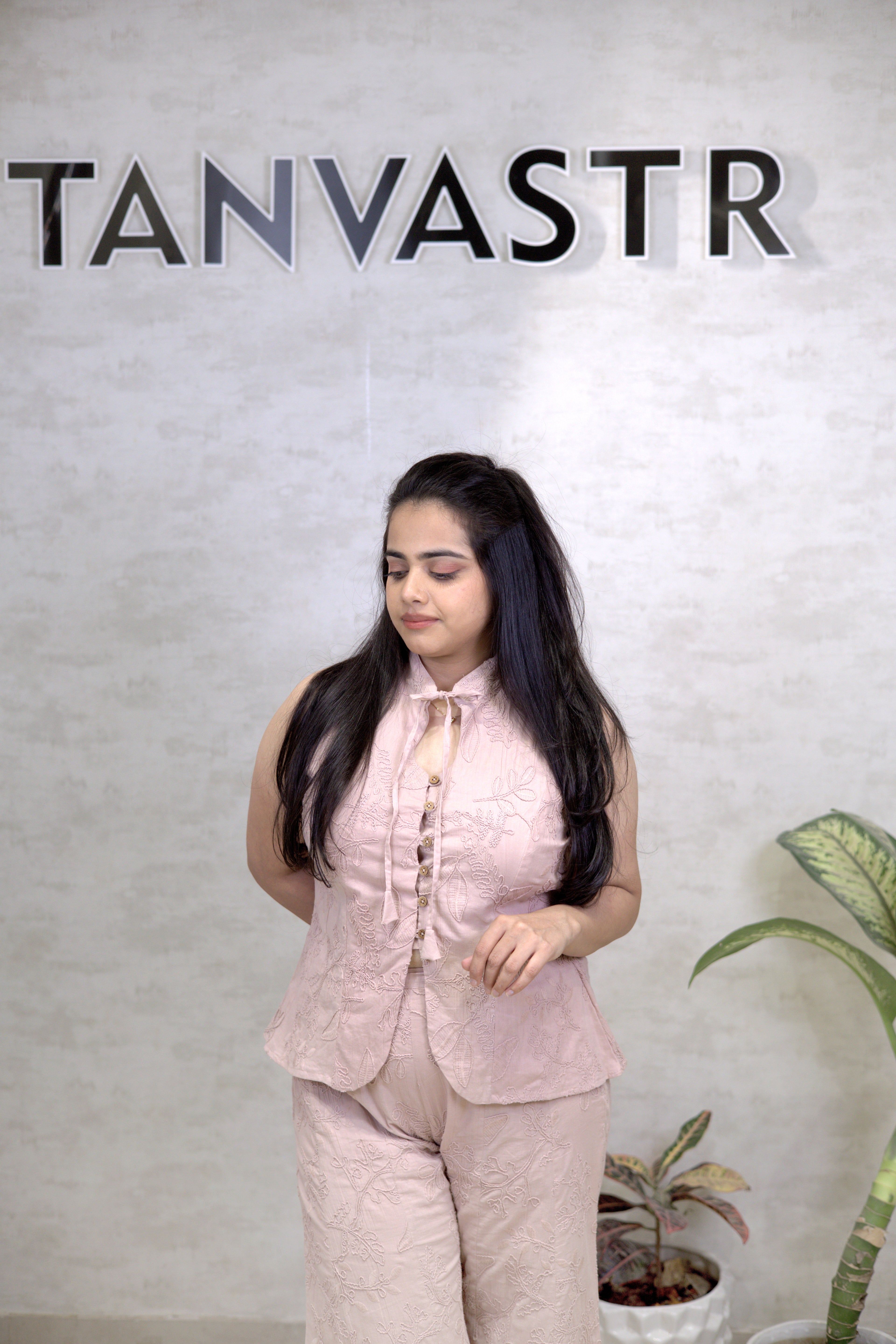 Thread Embroidered Schiffli Vest Top with Flared Pants