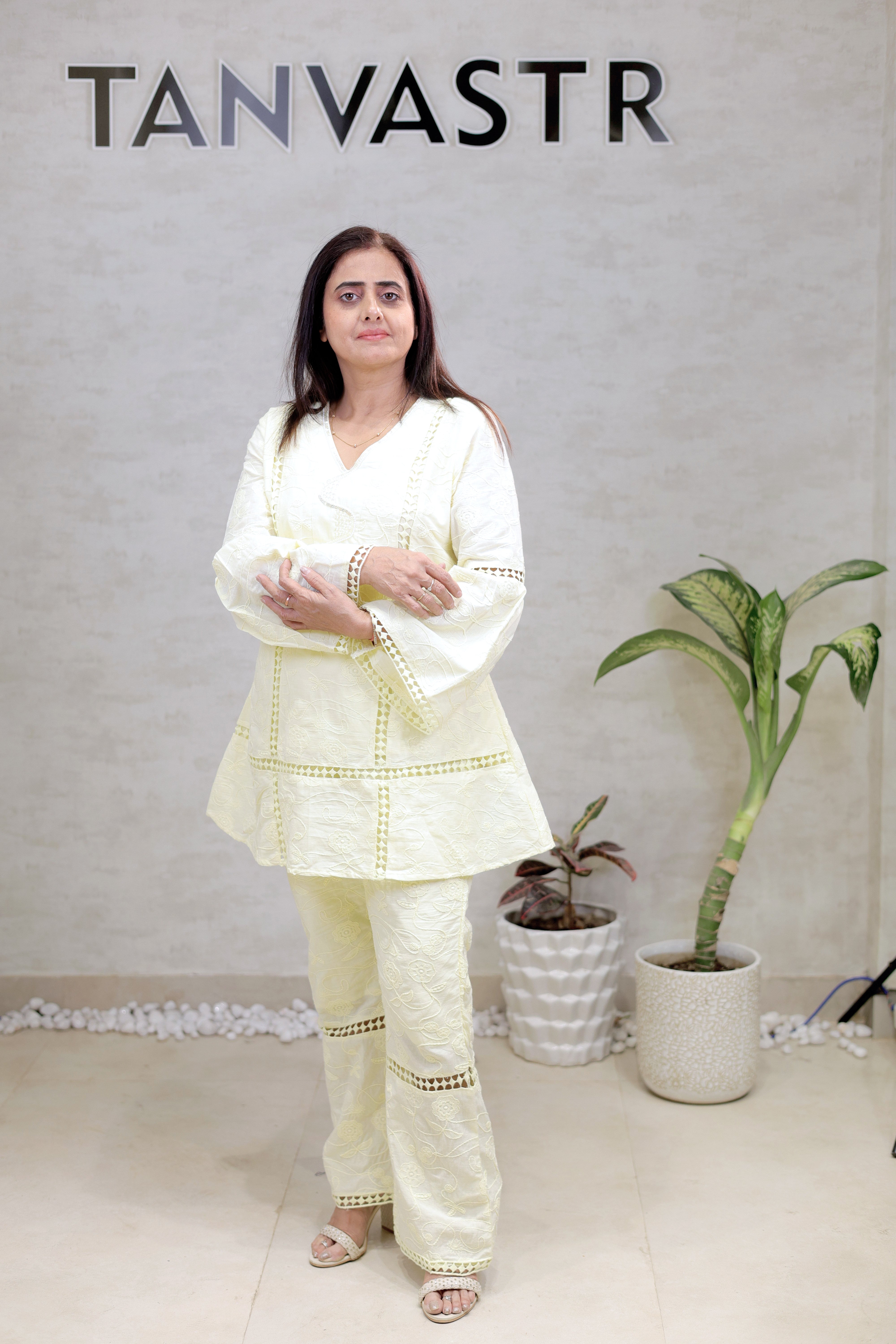 A-line Thread Schiffli Kurta with Plazzo Pants