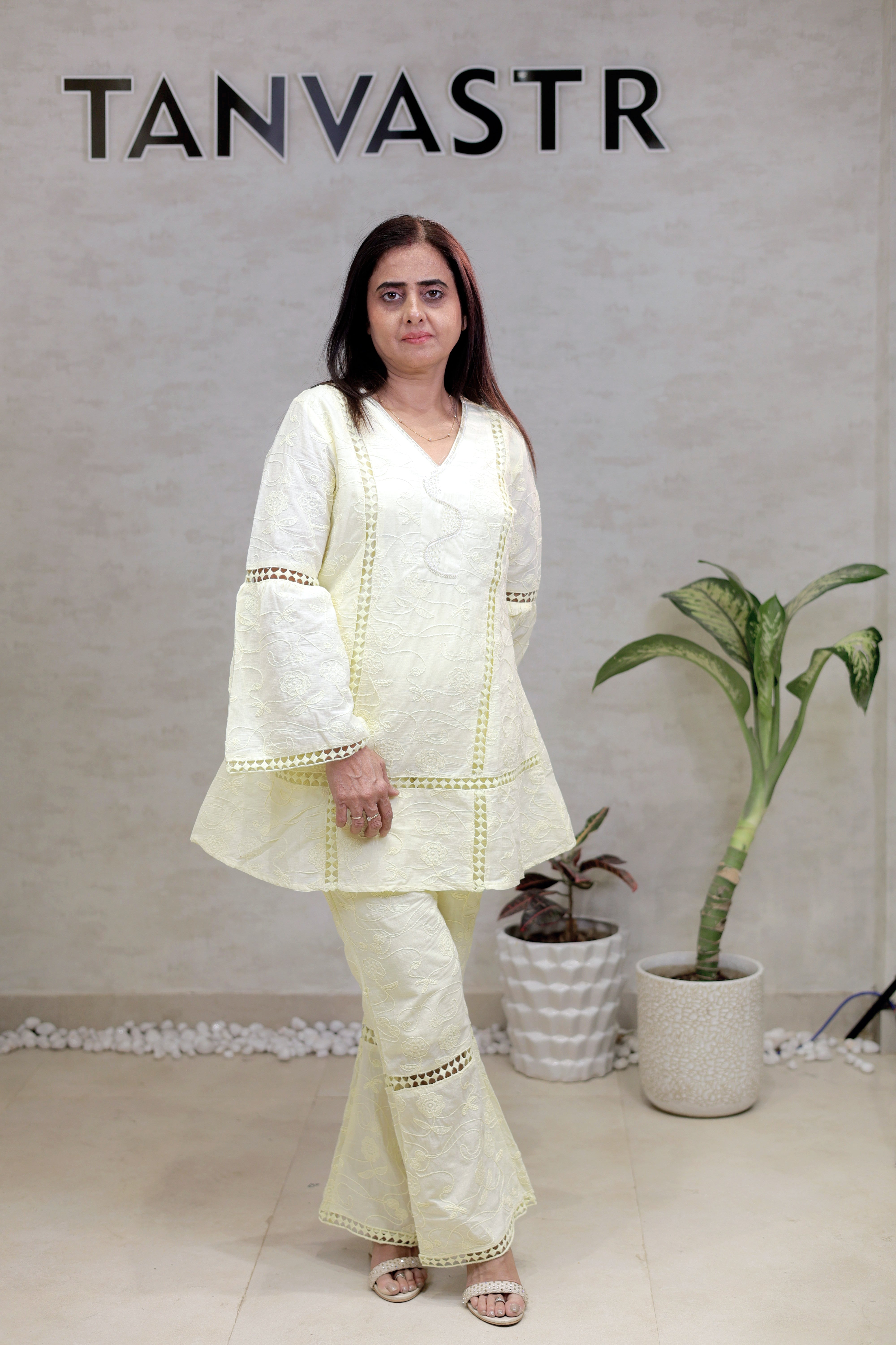 A-line Thread Schiffli Kurta with Plazzo Pants