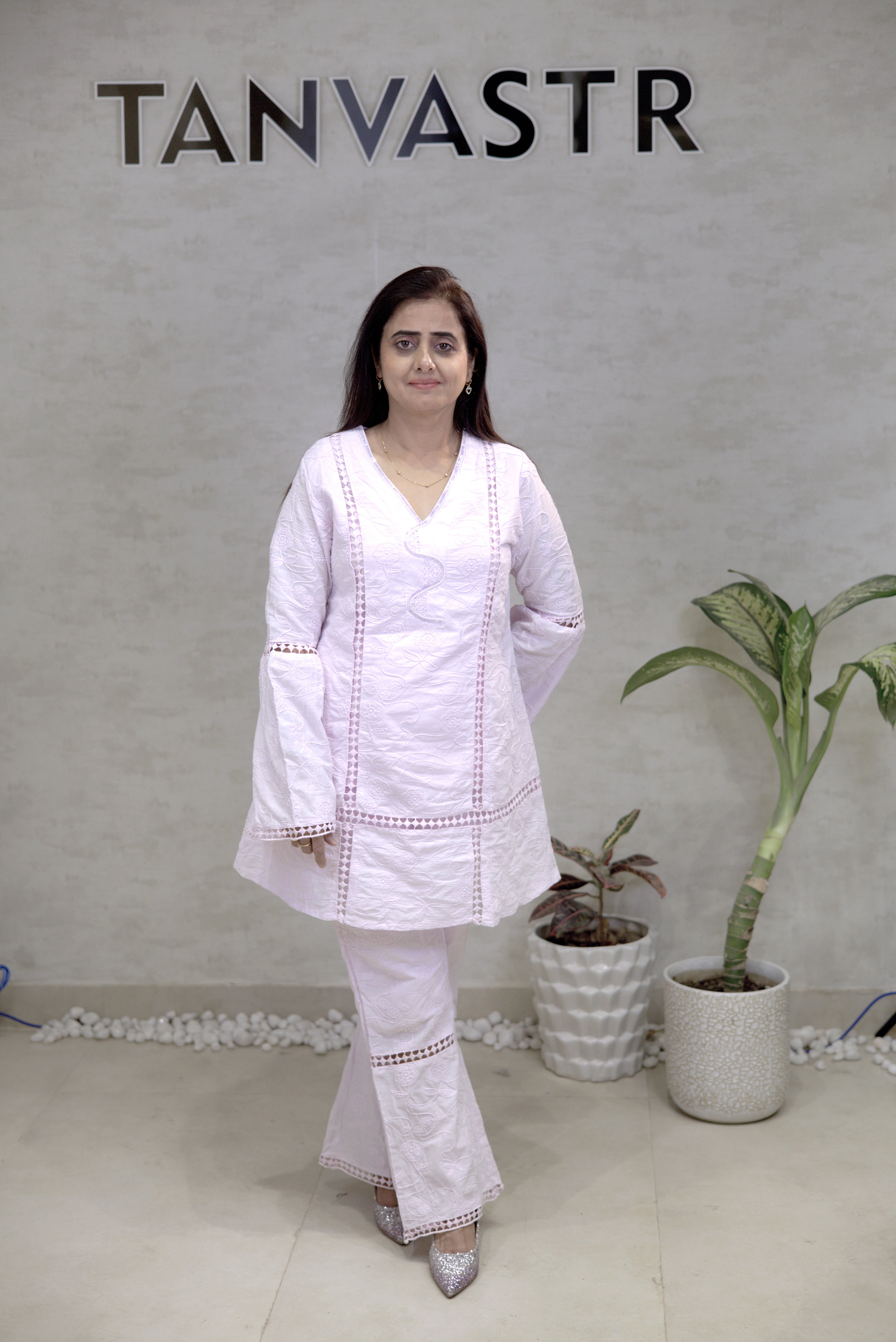 A-line Thread Schiffli Kurta with Plazzo Pants