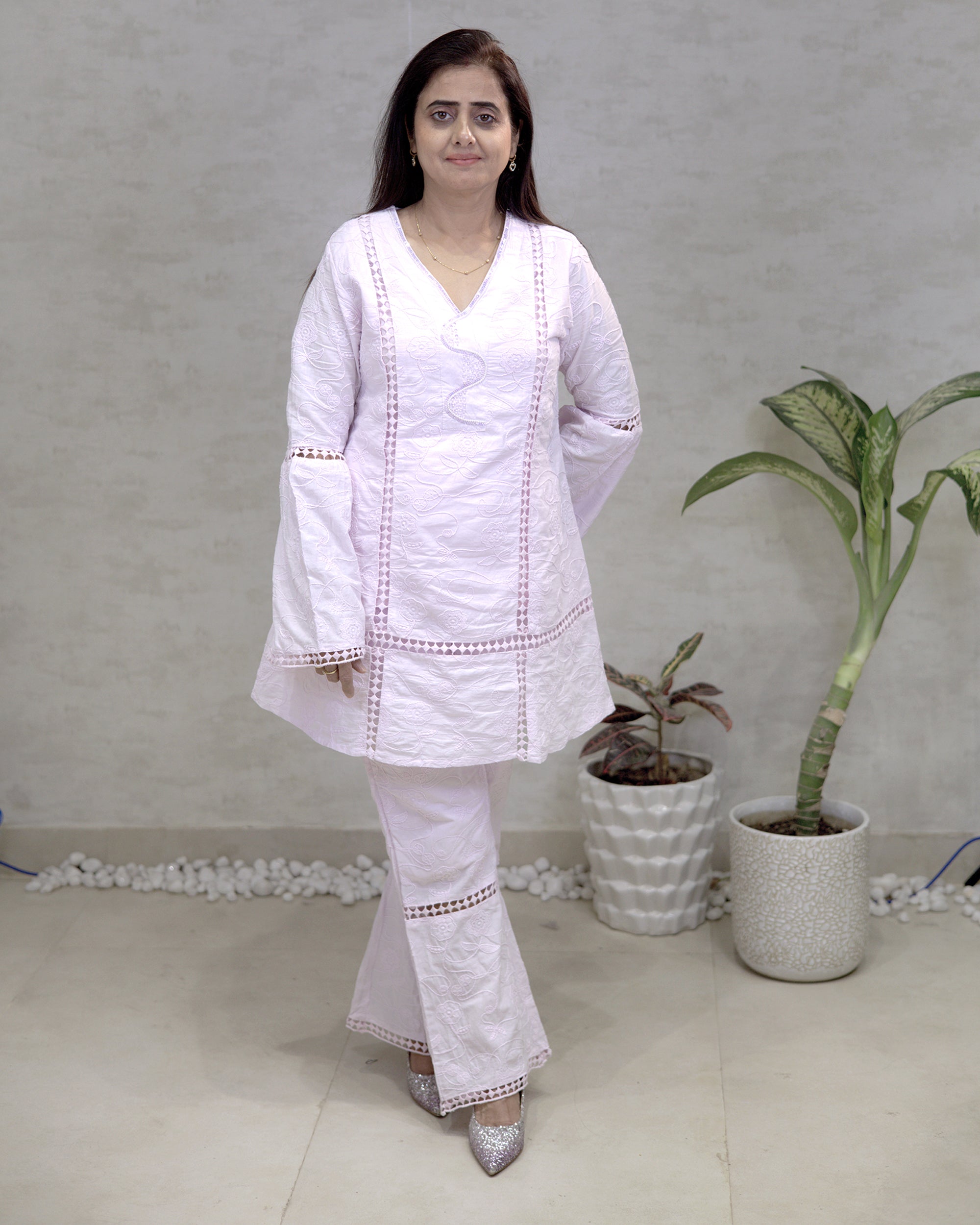 A-line Thread Schiffli Kurta with Plazzo Pants