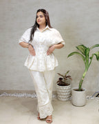 Mul Chanderi Pleated Collar Top with Pants