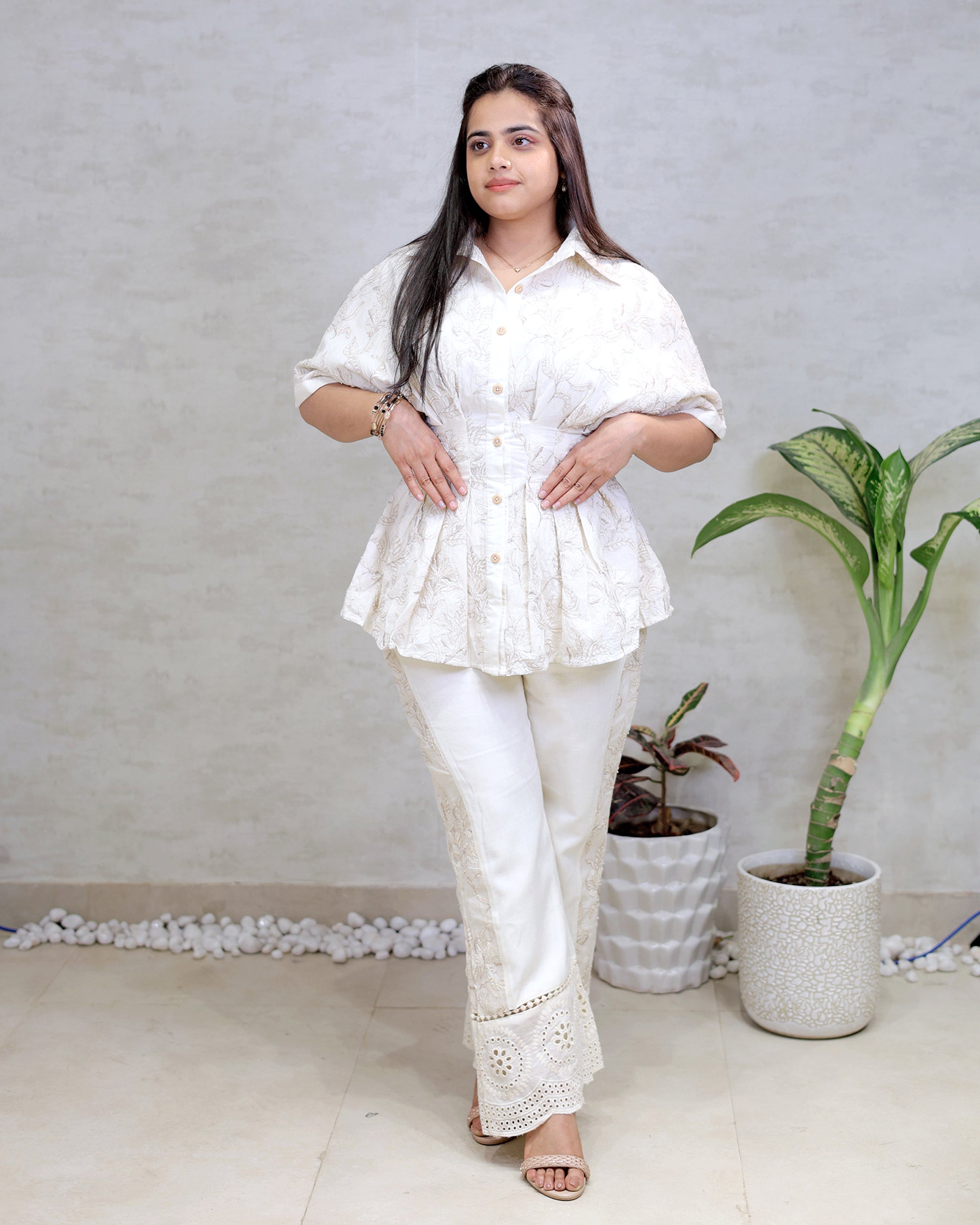 Mul Chanderi Pleated Collar Top with Pants