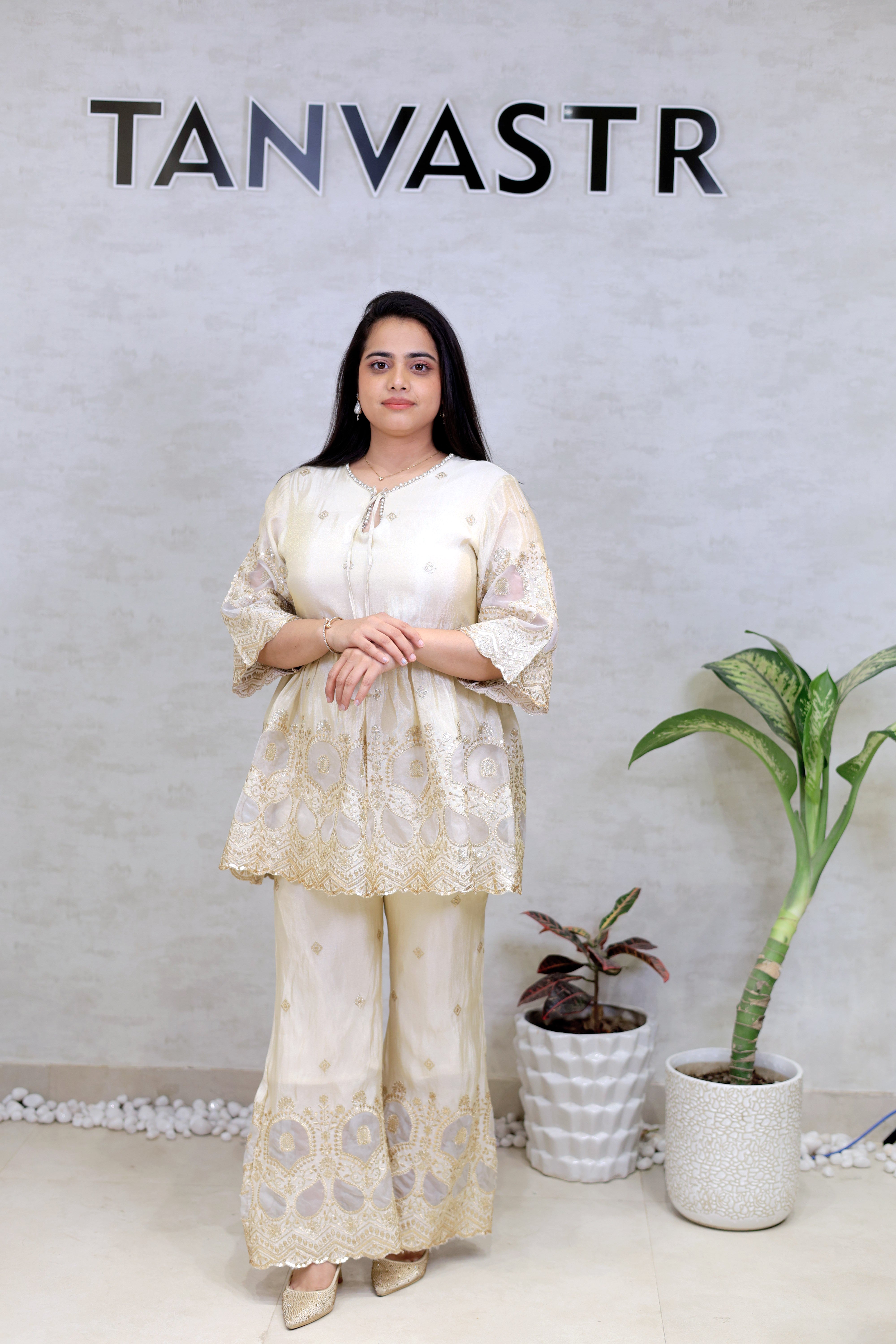 Applique Crepe Peplum Top with Sharara Pants