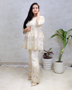 Applique Crepe Peplum Top with Sharara Pants