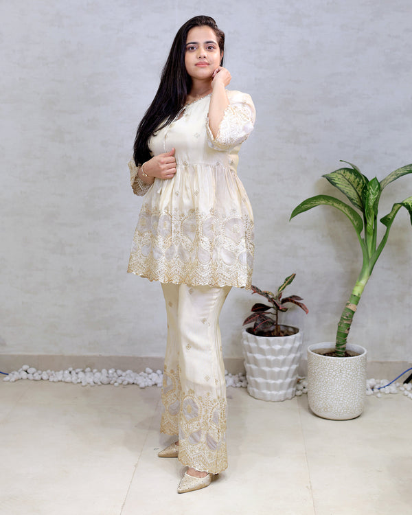 Applique Crepe Peplum Top with Sharara Pants