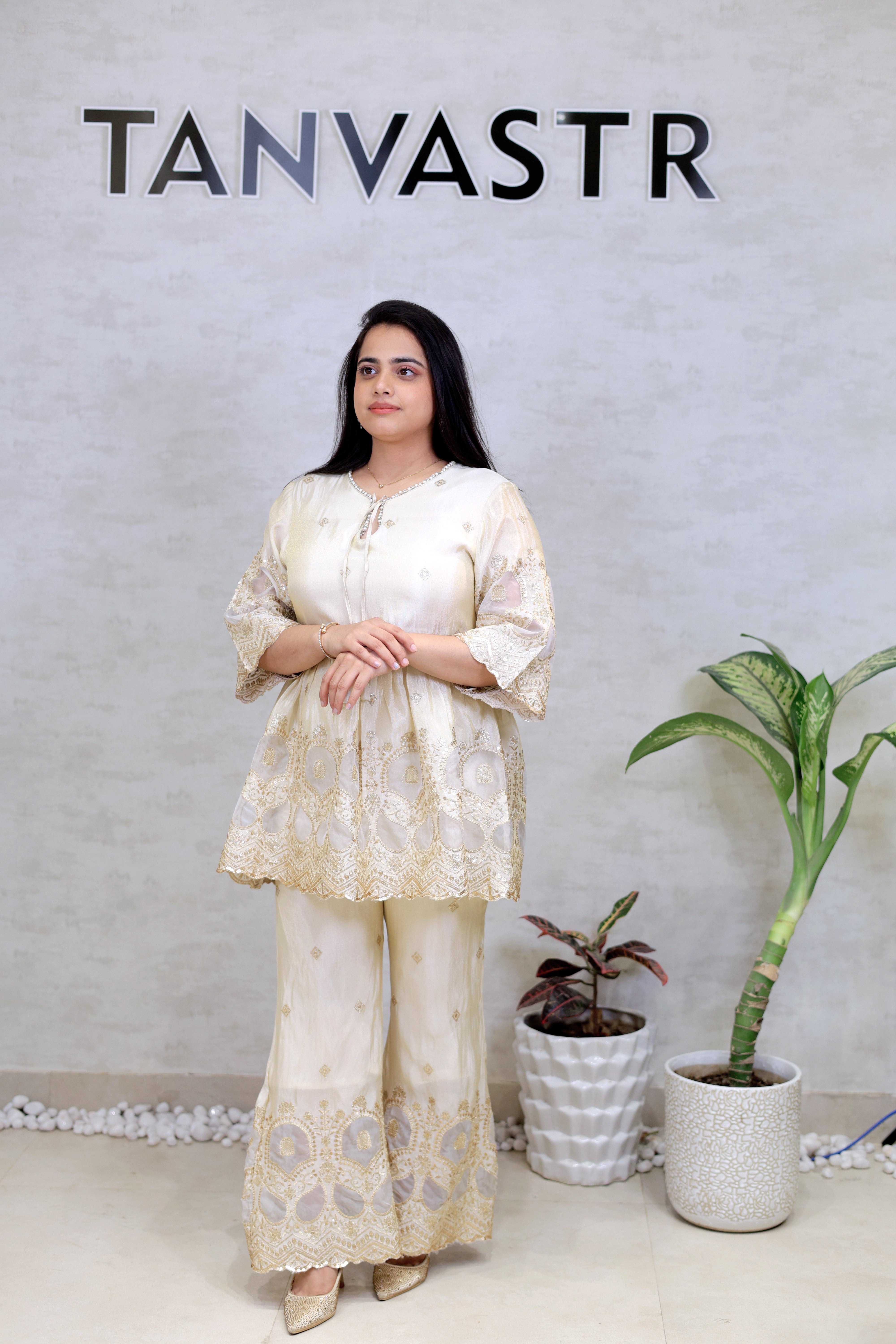 Applique Crepe Peplum Top with Sharara Pants