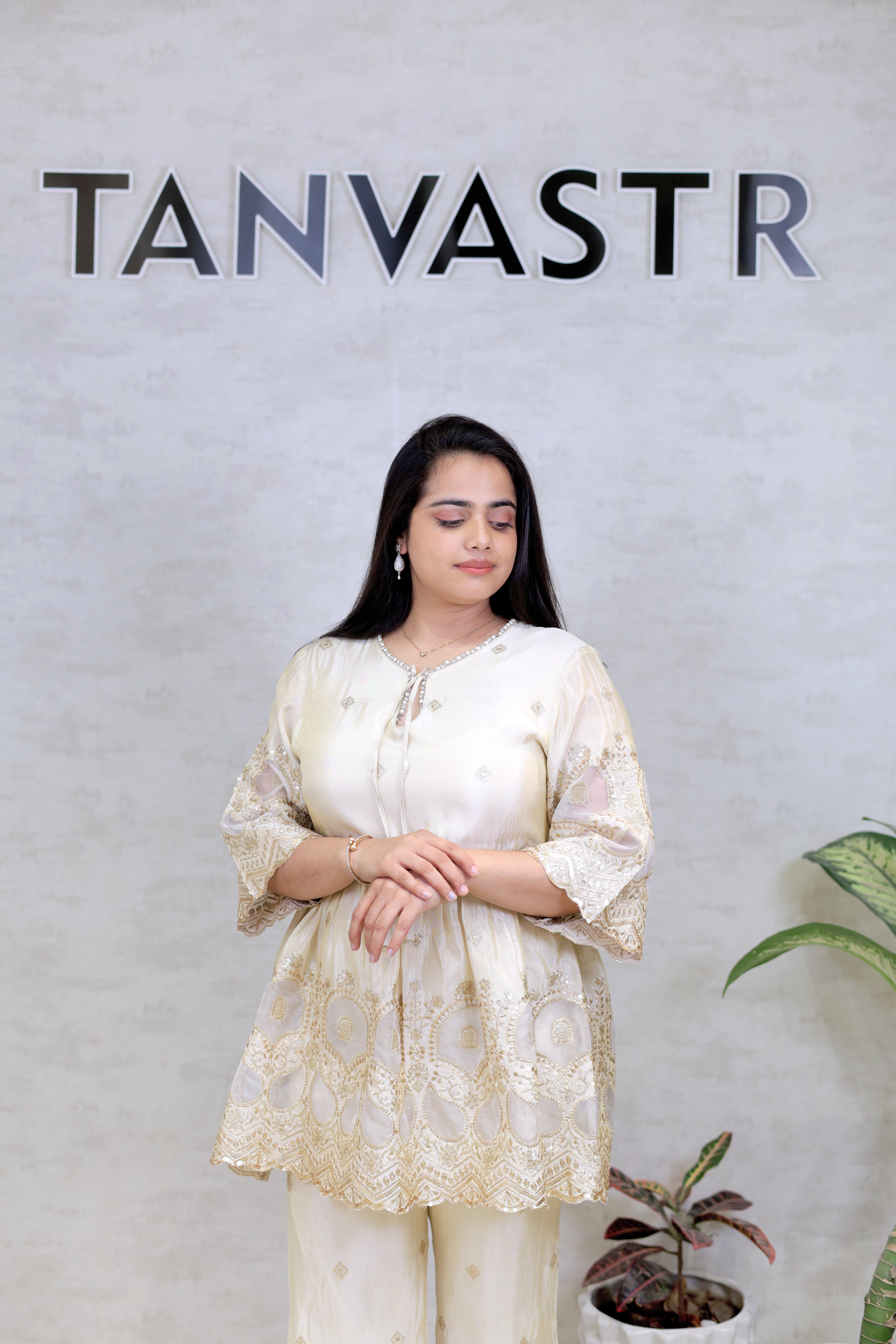 Applique Crepe Peplum Top with Sharara Pants