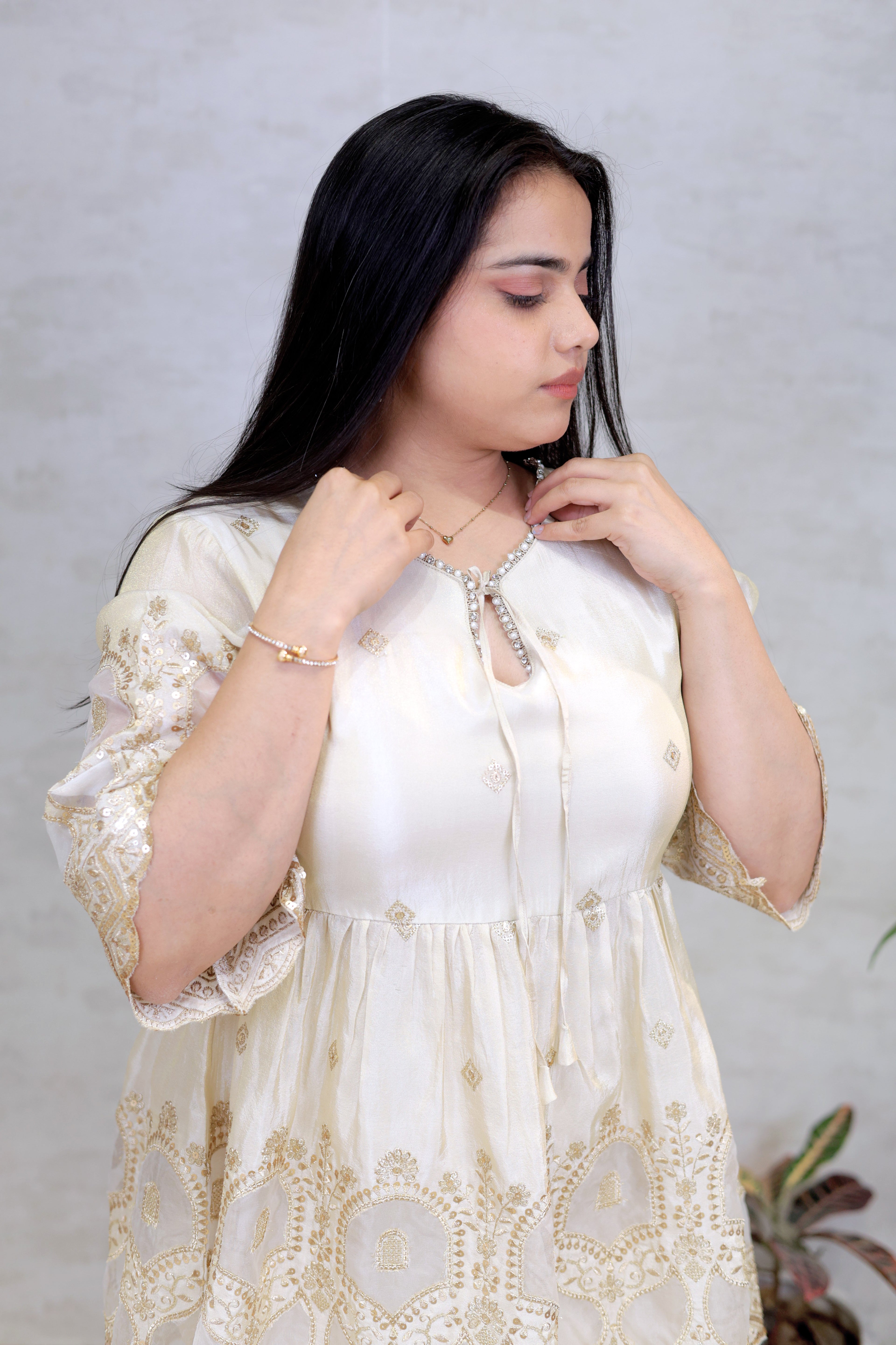 Applique Crepe Peplum Top with Sharara Pants