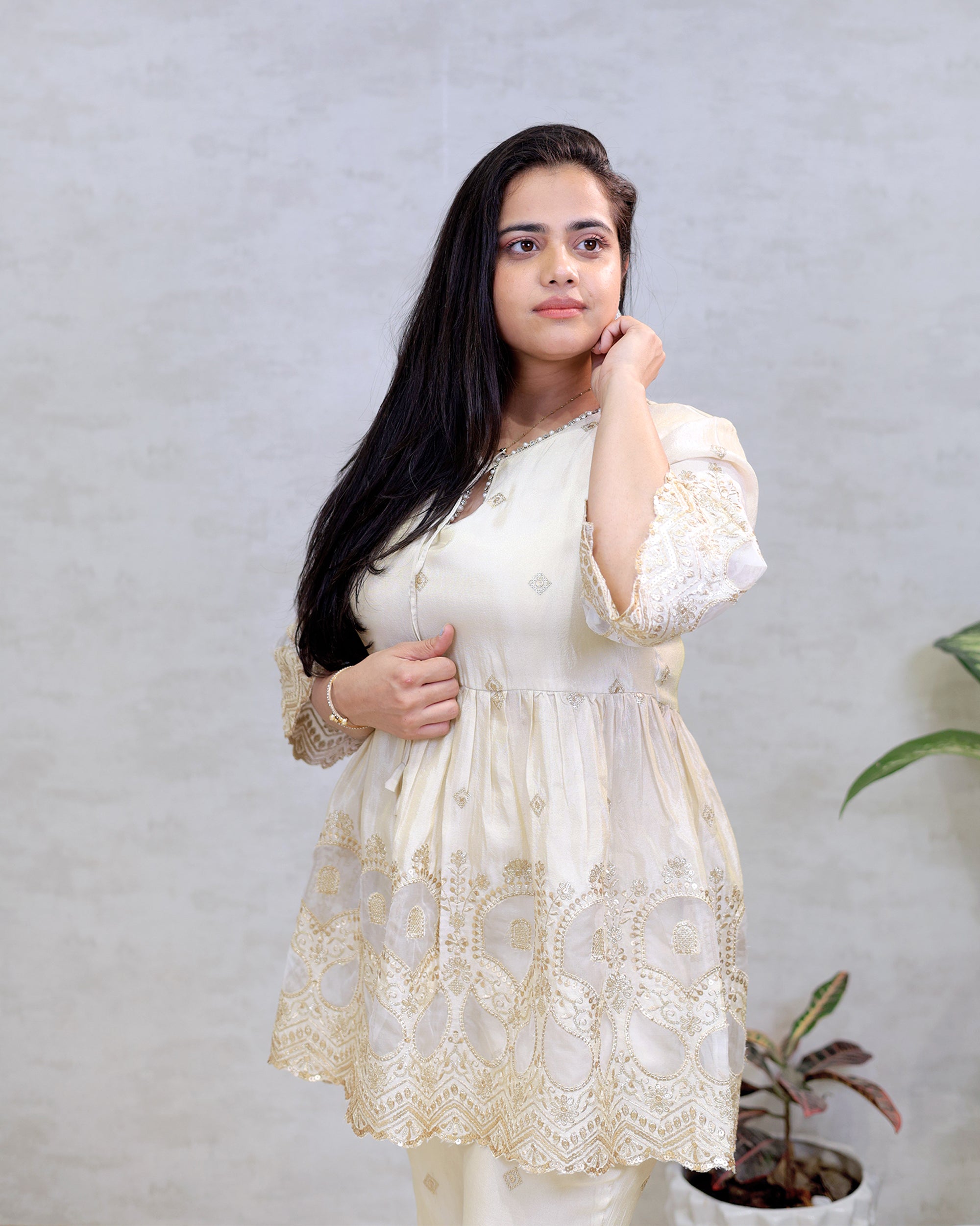 Applique Crepe Peplum Top with Sharara Pants