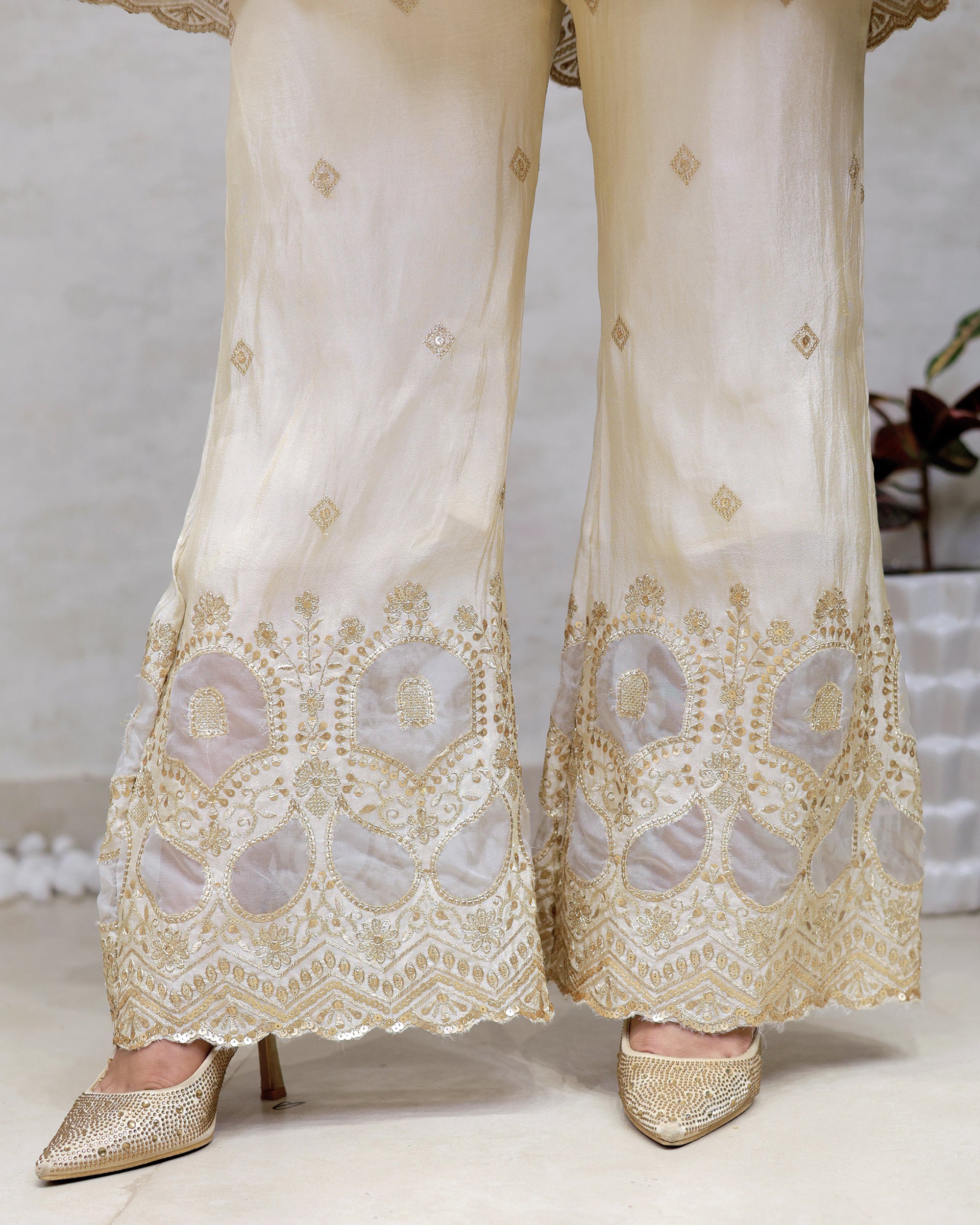 Applique Crepe Peplum Top with Sharara Pants