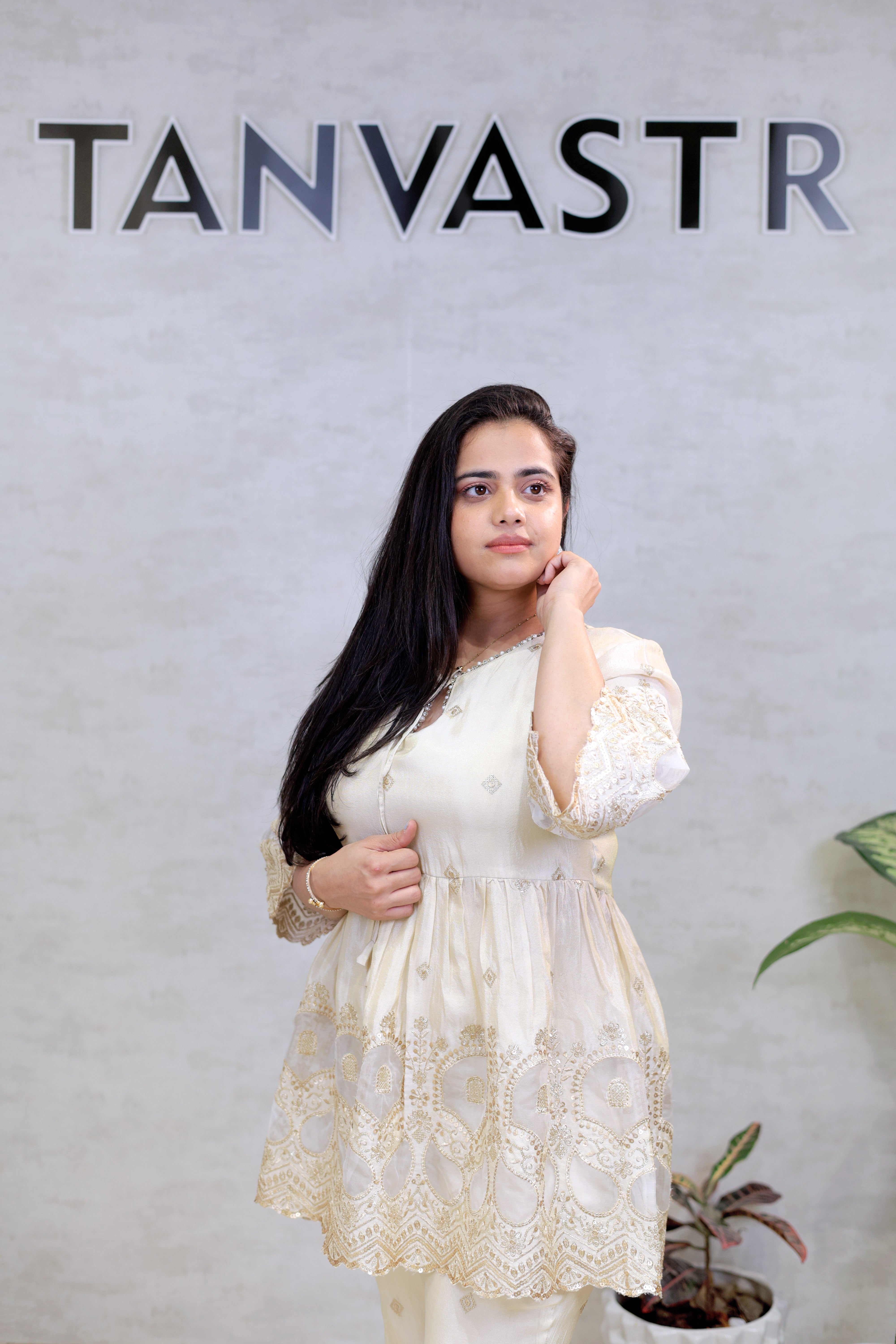 Applique Crepe Peplum Top with Sharara Pants
