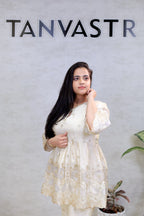 Applique Crepe Peplum Top with Sharara Pants