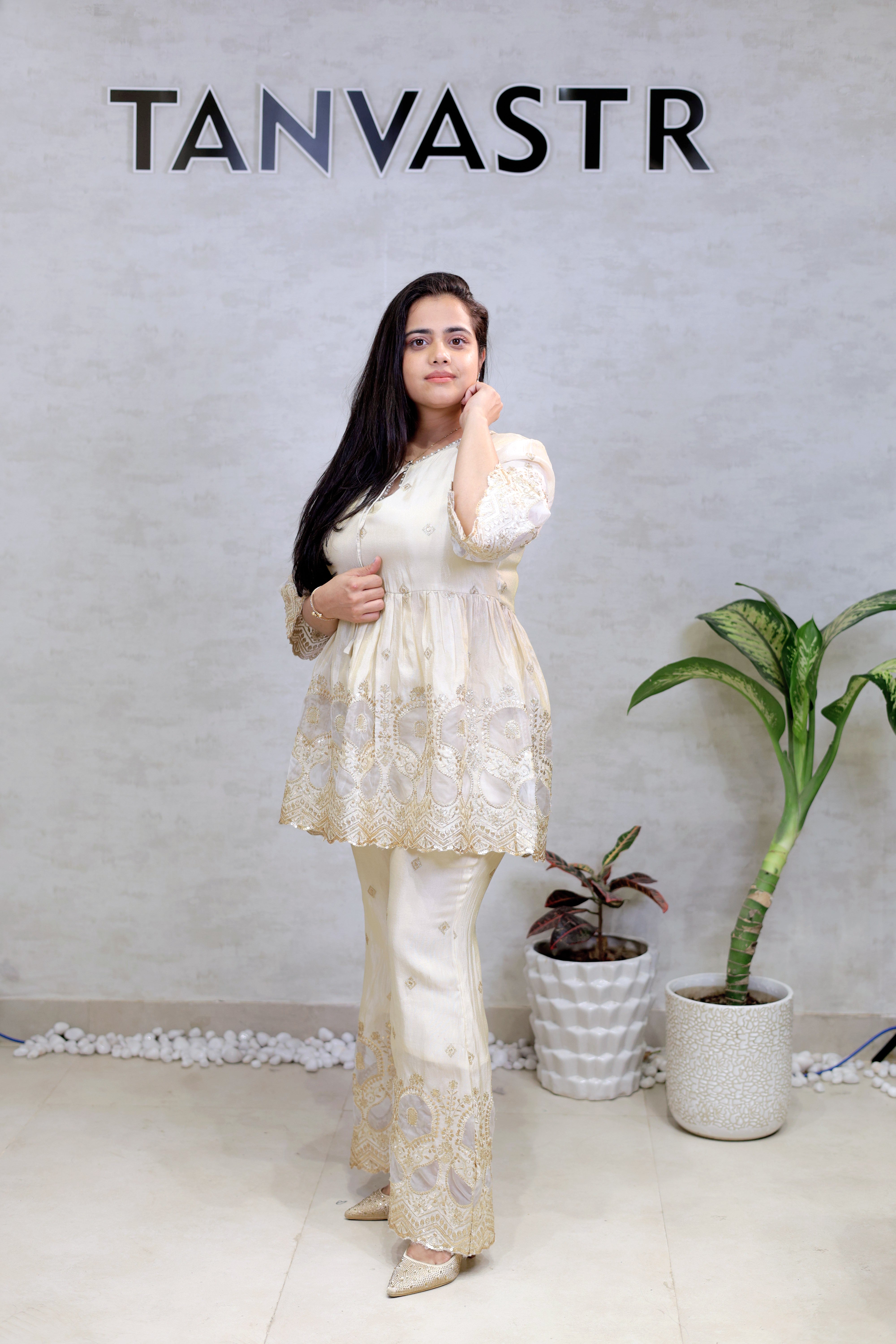 Applique Crepe Peplum Top with Sharara Pants
