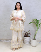 Applique Crepe Peplum Top with Sharara Pants