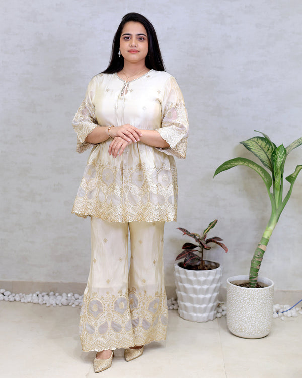 Applique Crepe Peplum Top with Sharara Pants — view 2