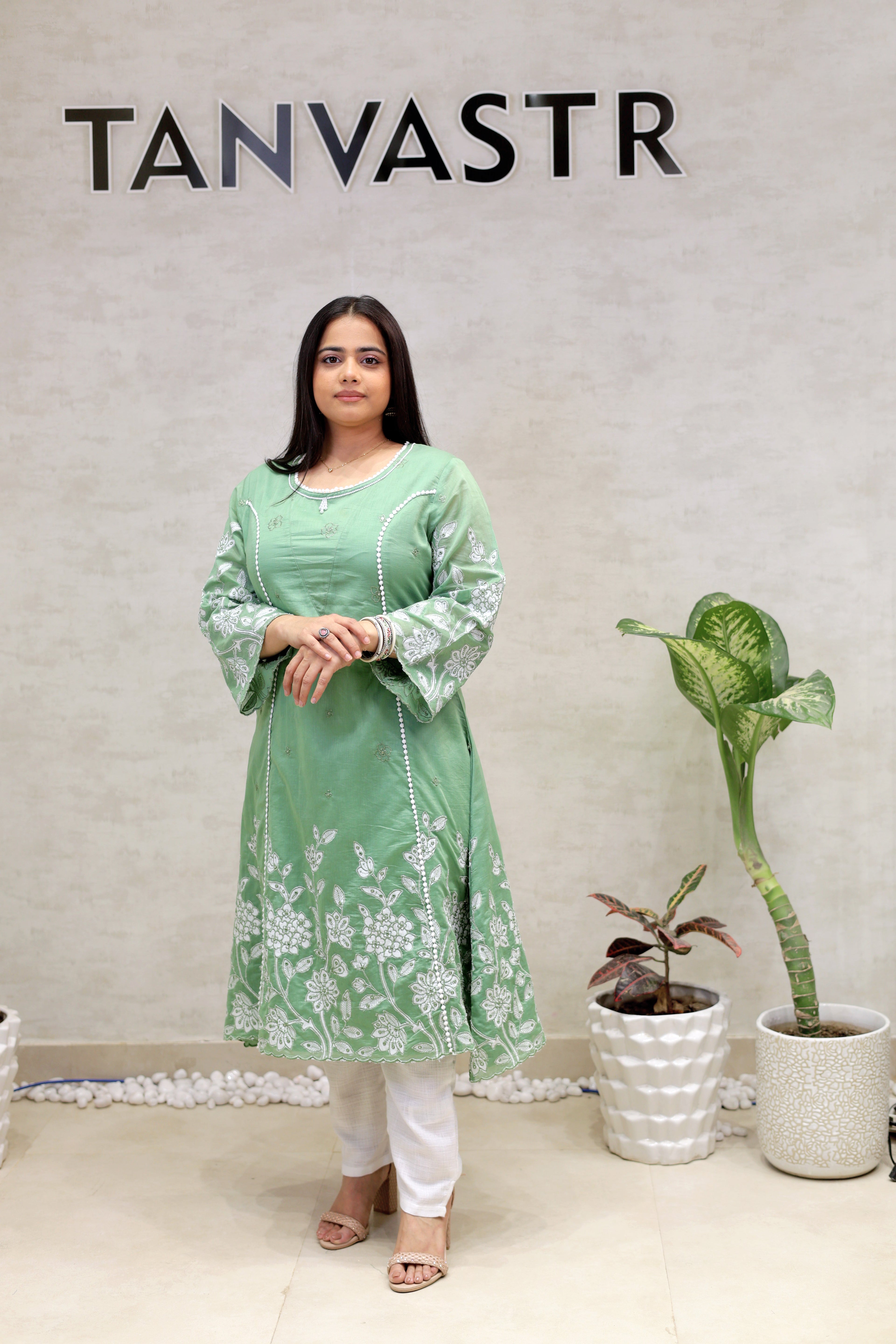 A-Line Applique Mul Cotton Kurta with Pants