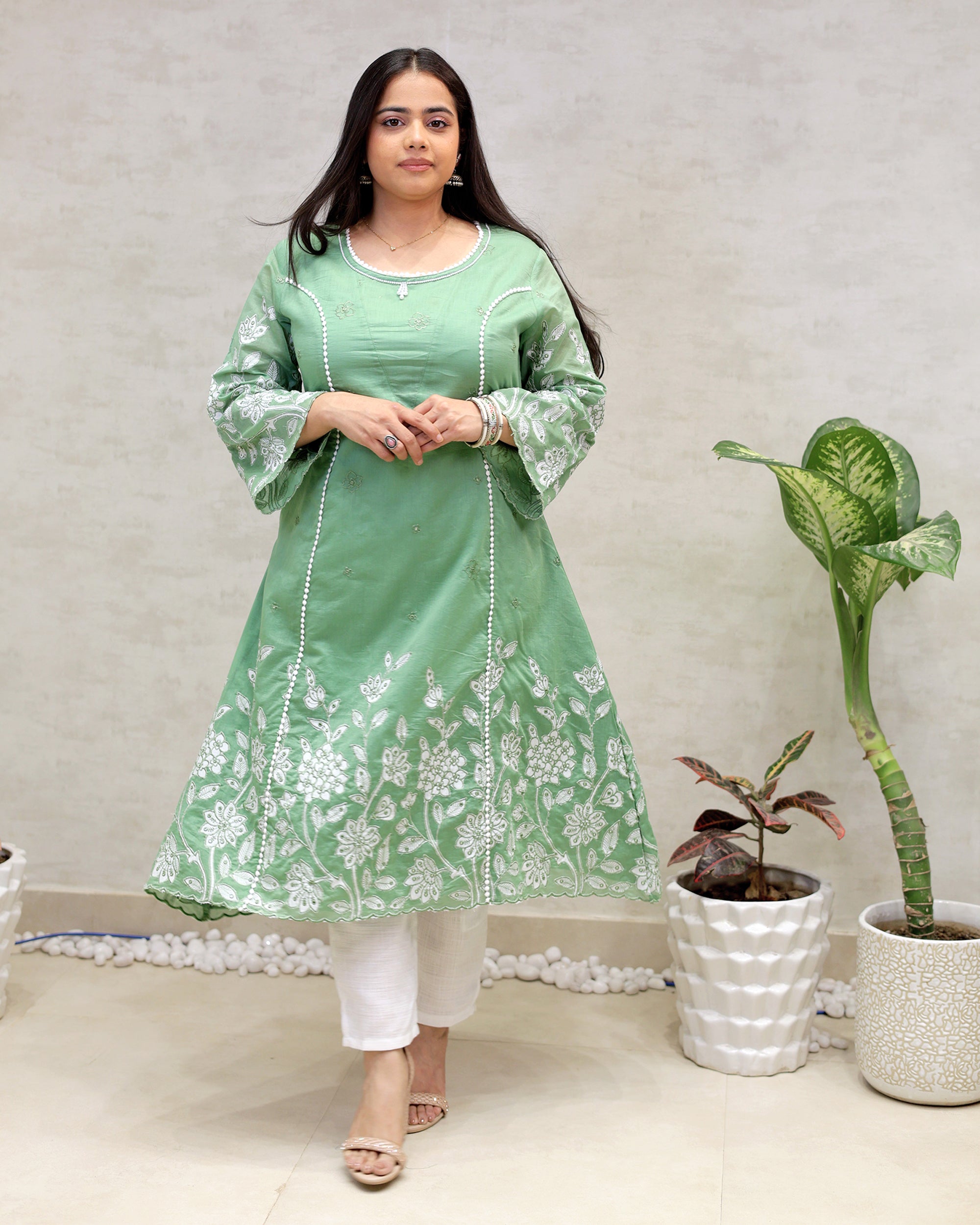 A-Line Applique Mul Cotton Kurta with Pants