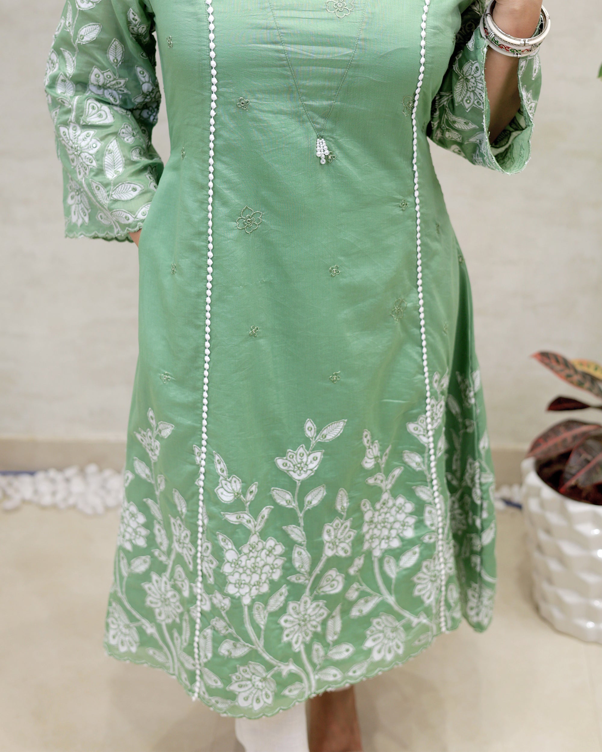 A-Line Applique Mul Cotton Kurta with Pants