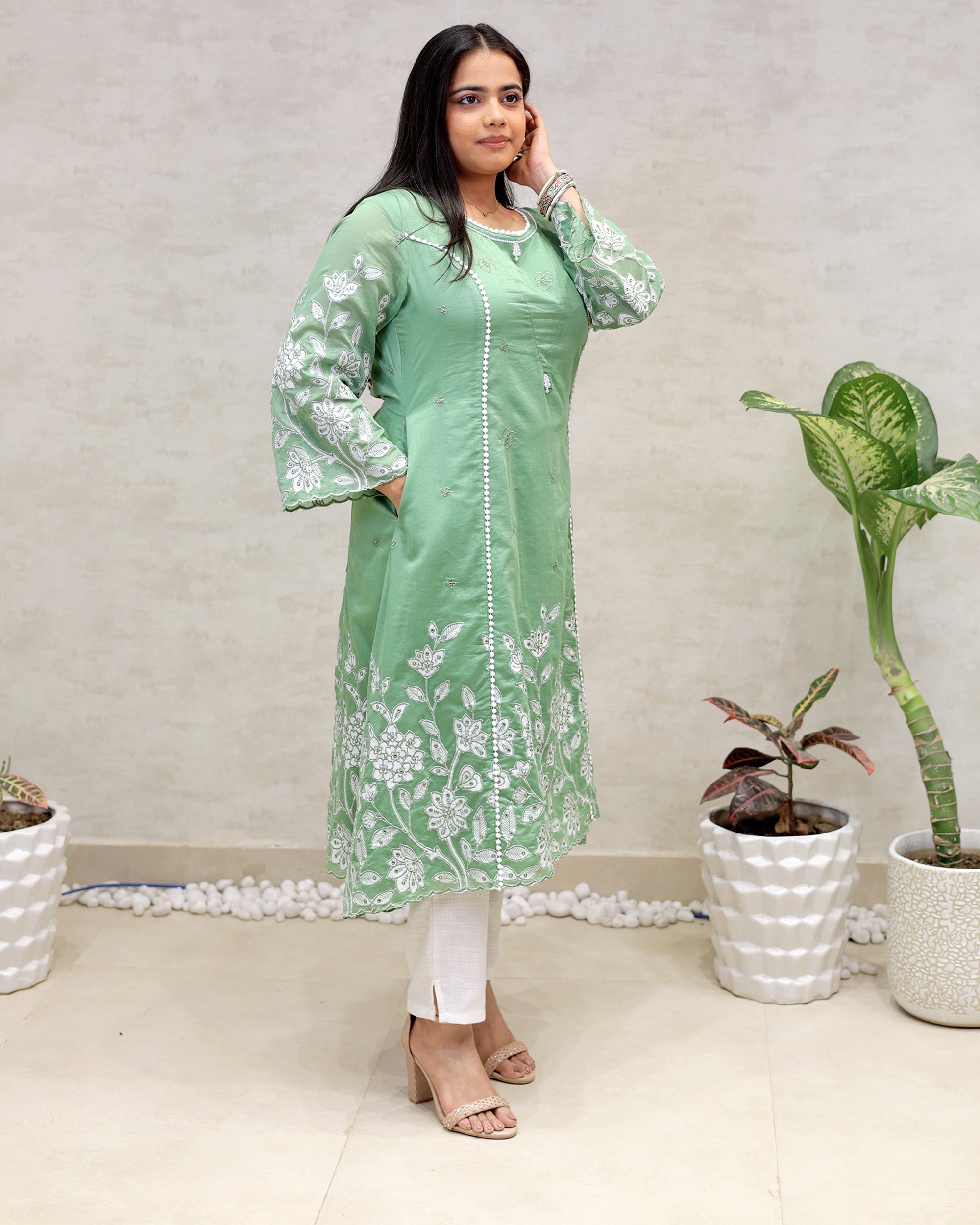 A-Line Applique Mul Cotton Kurta with Pants