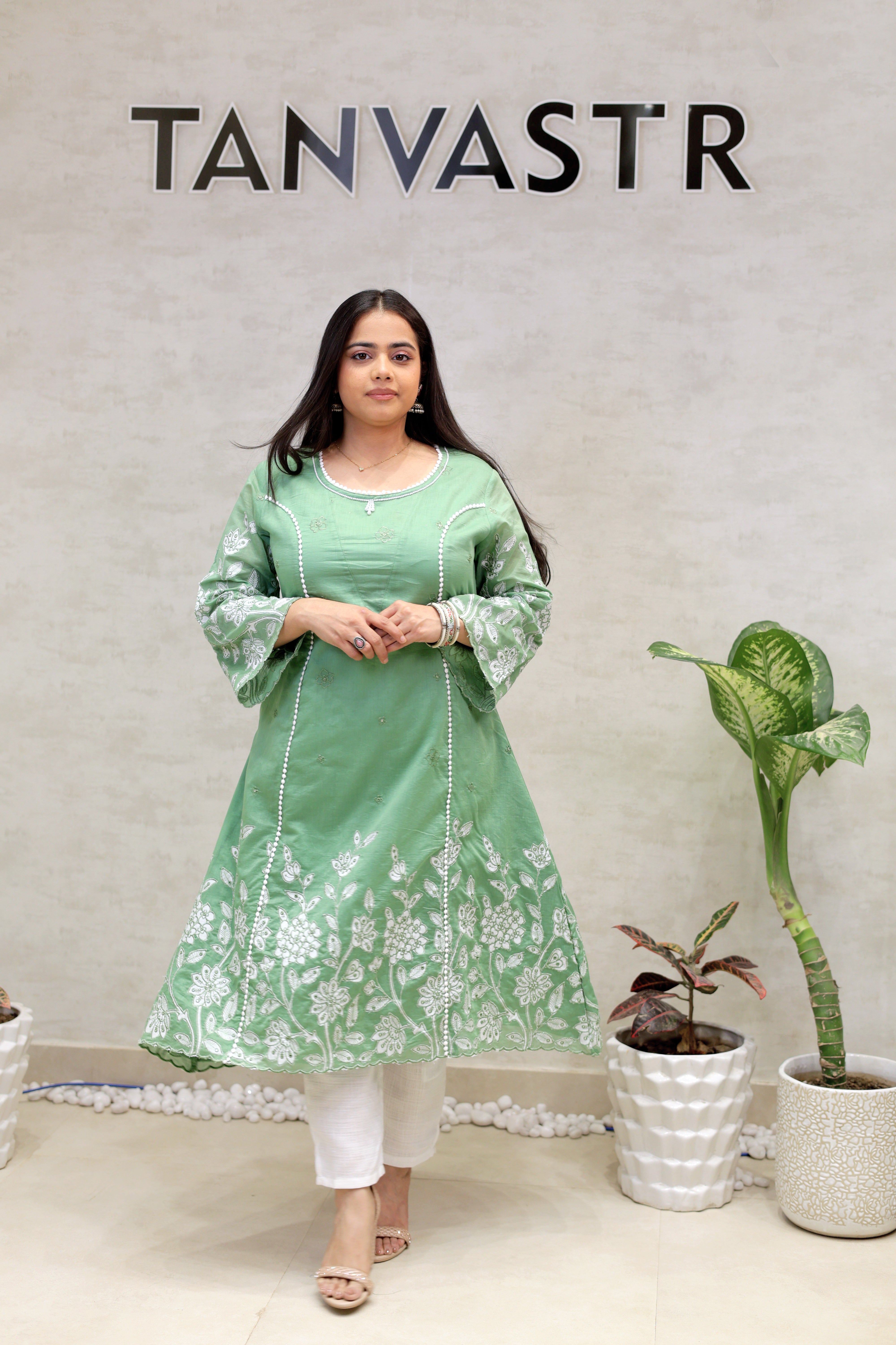 A-Line Applique Mul Cotton Kurta with Pants