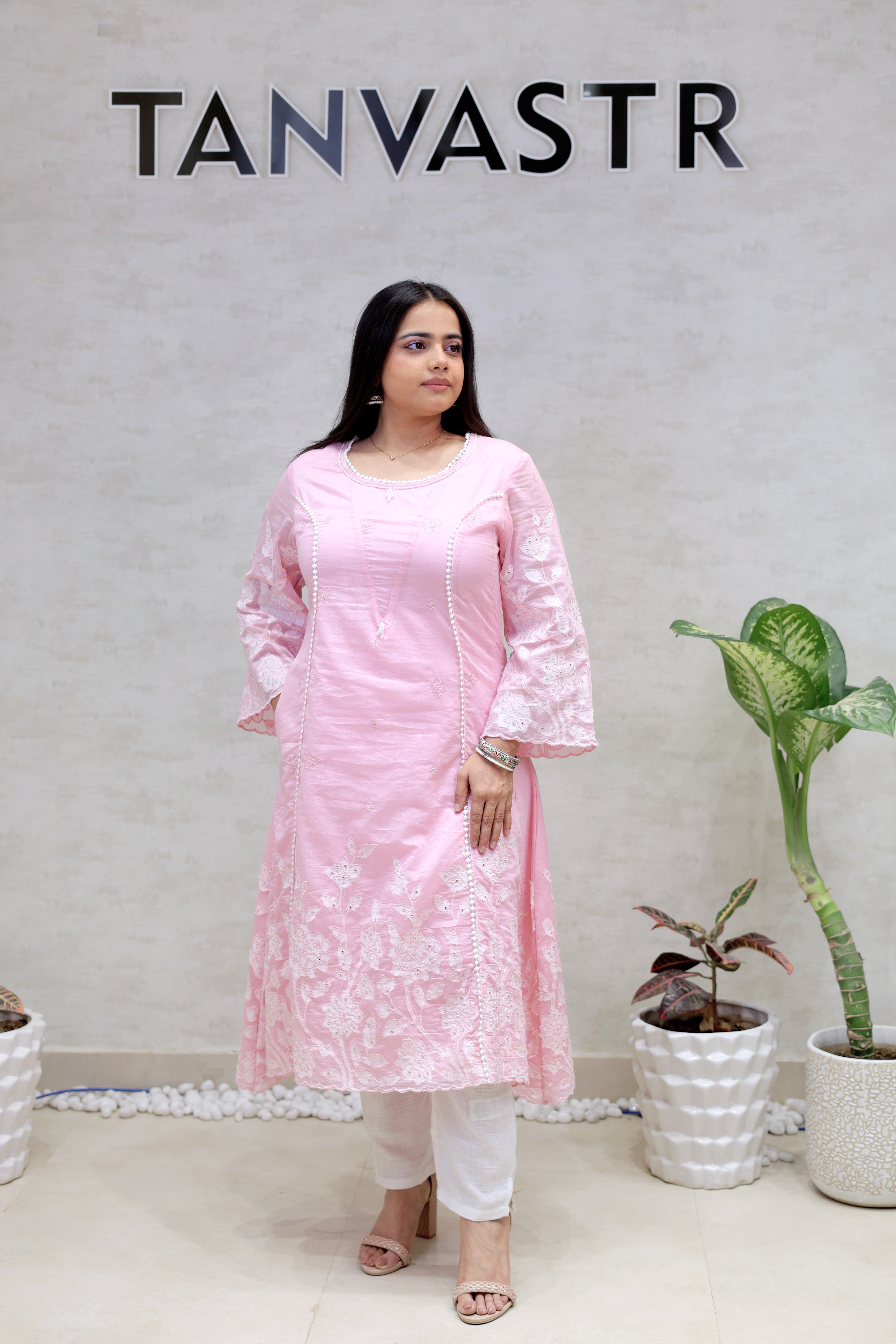 A-Line Applique Mul Cotton Kurta with Pants