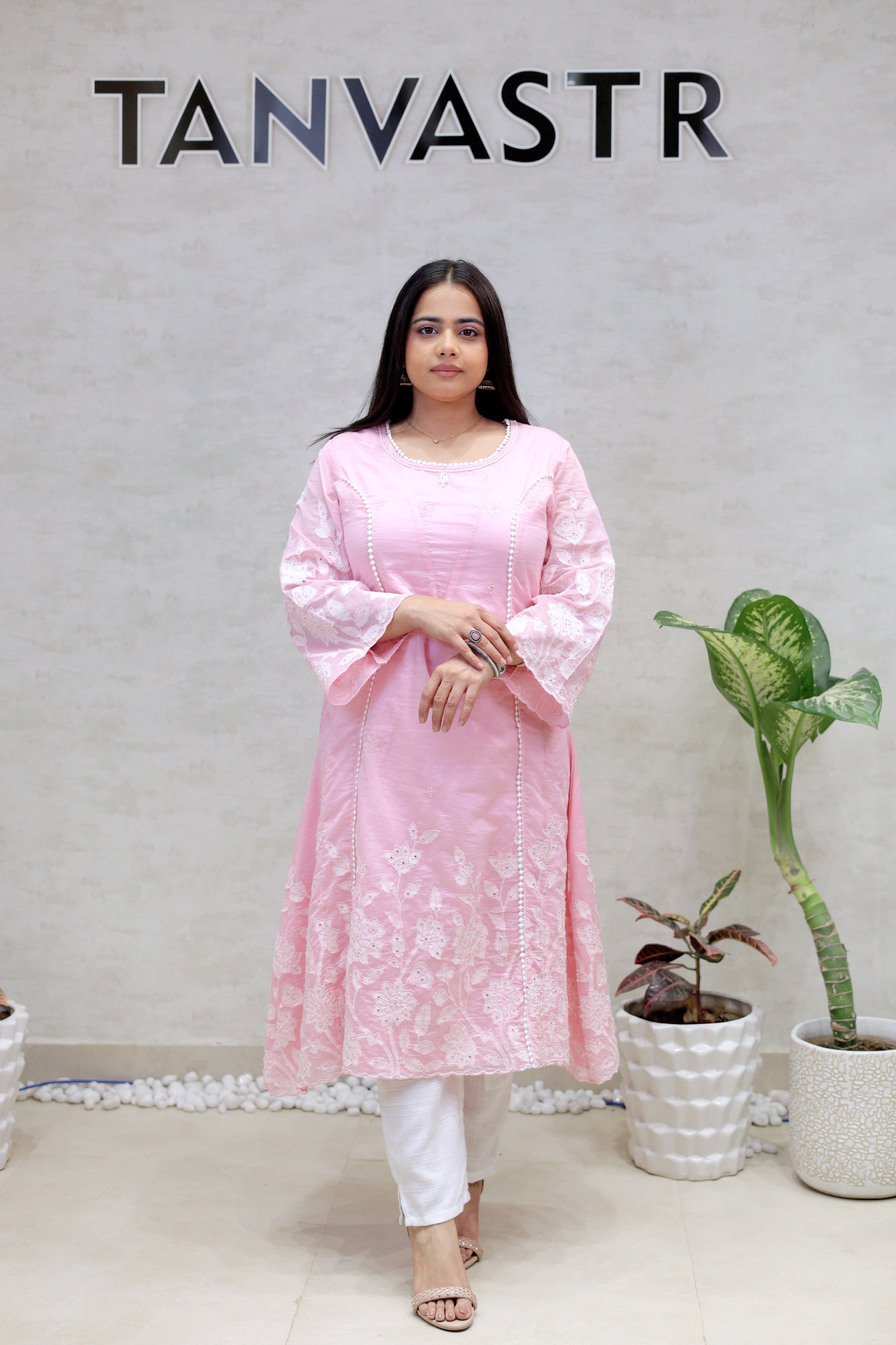 A-Line Applique Mul Cotton Kurta with Pants