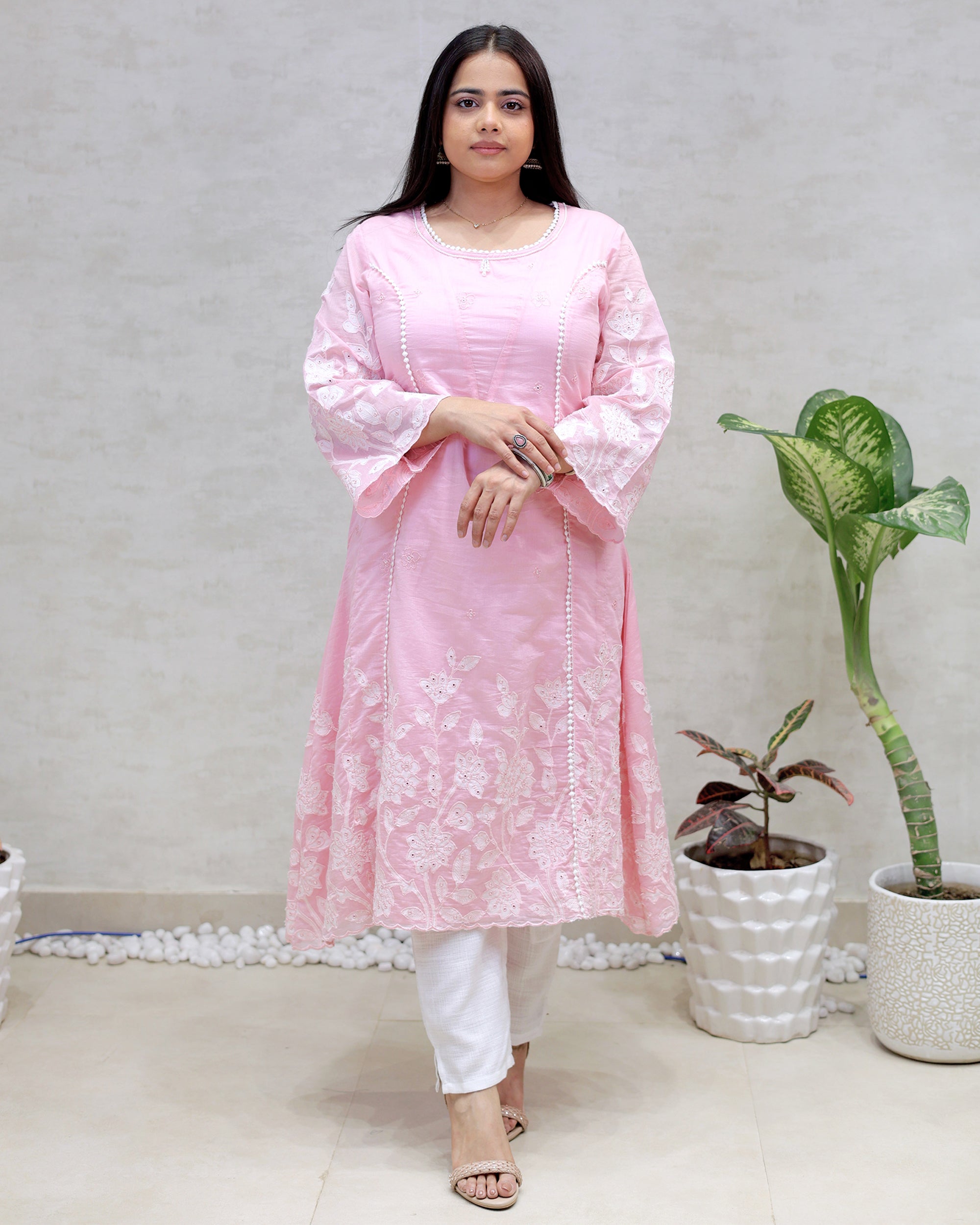 A-Line Applique Mul Cotton Kurta with Pants