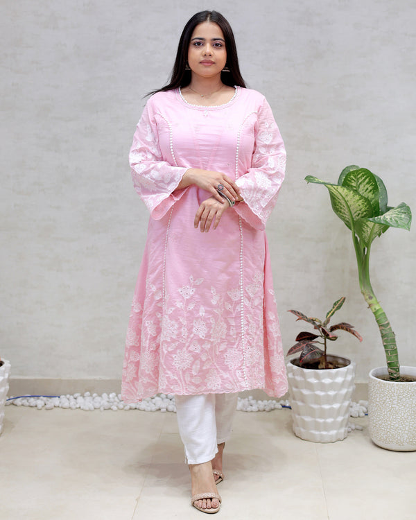 A-Line Applique Mul Cotton Kurta with Pants