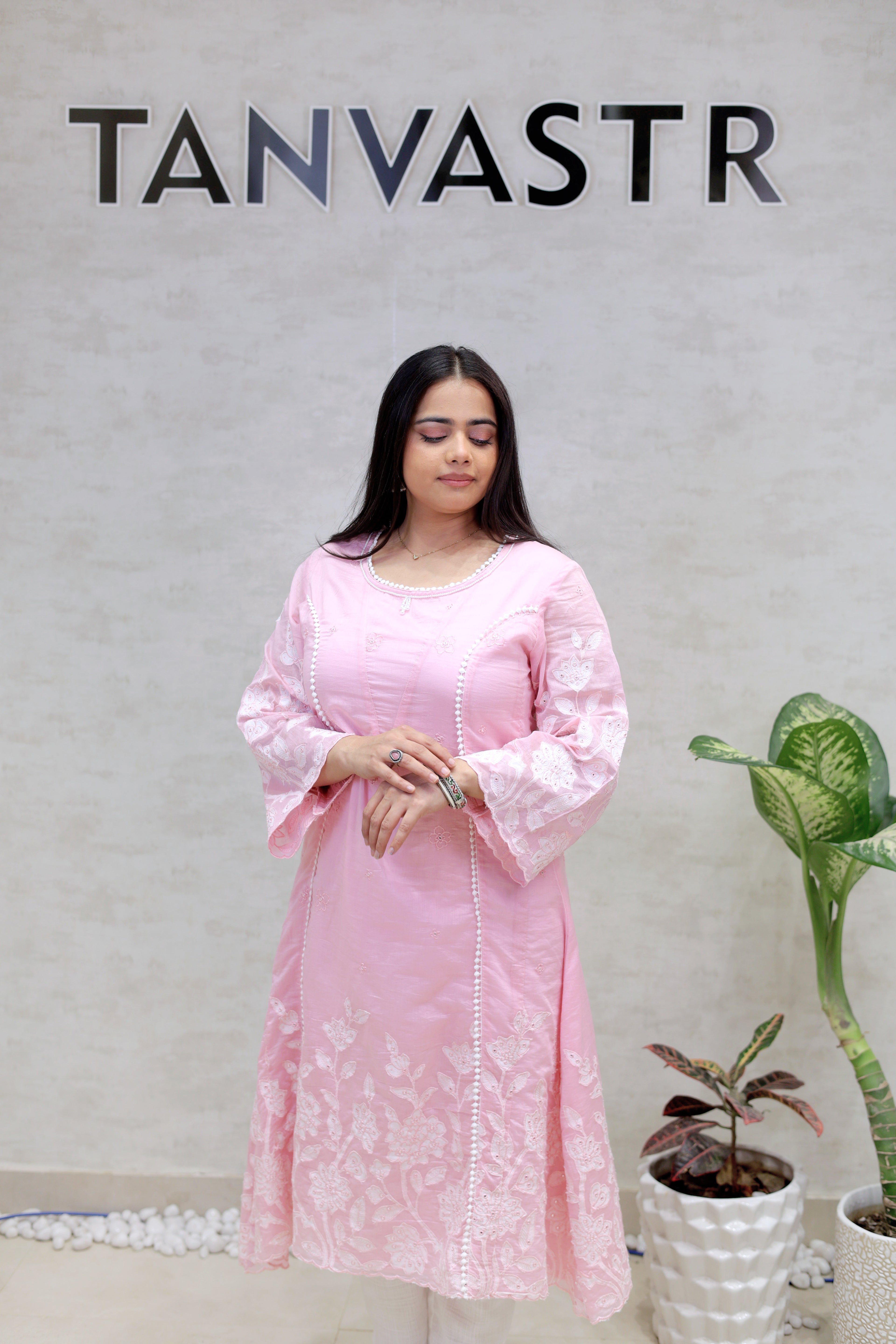 A-Line Applique Mul Cotton Kurta with Pants