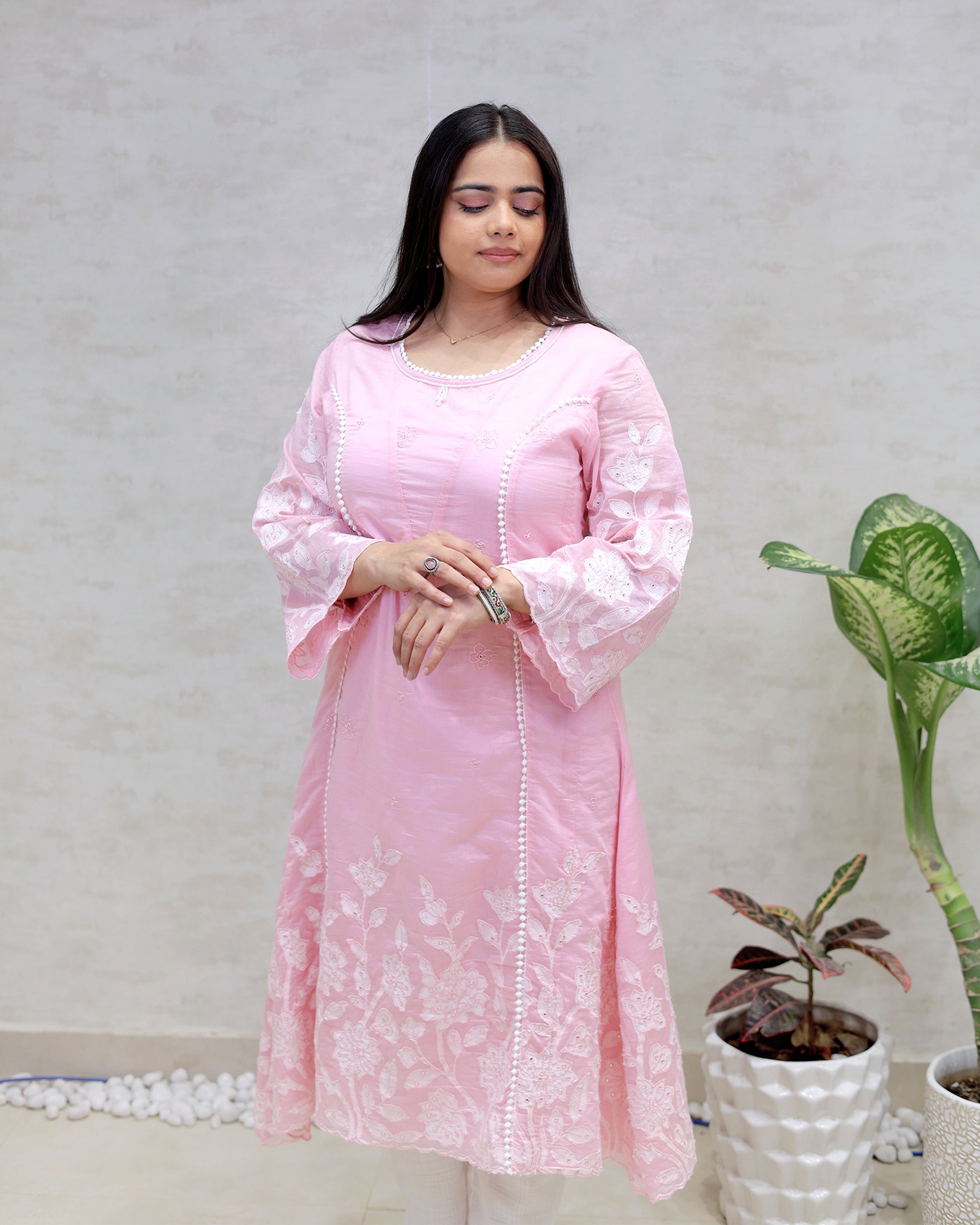 A-Line Applique Mul Cotton Kurta with Pants