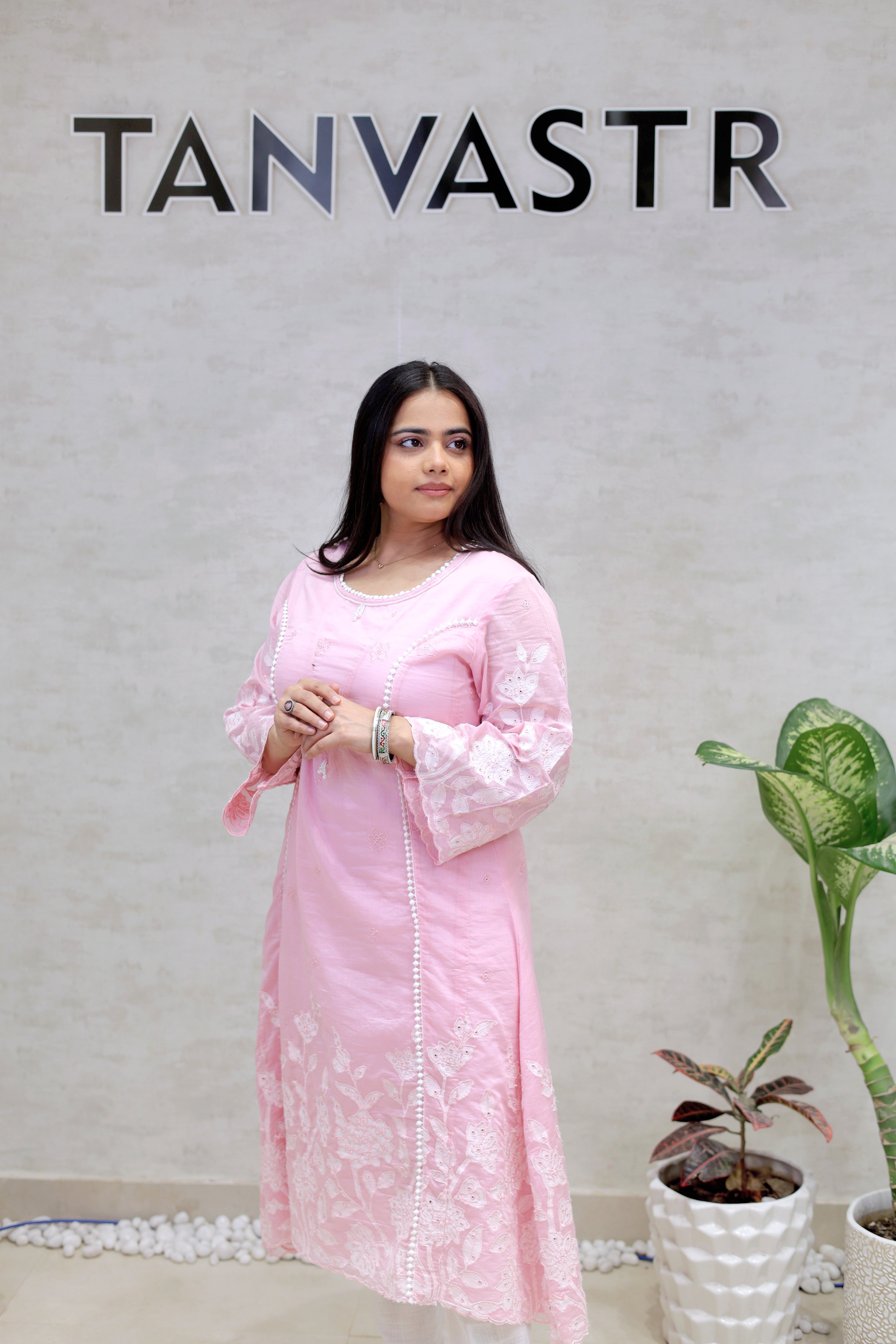 A-Line Applique Mul Cotton Kurta with Pants