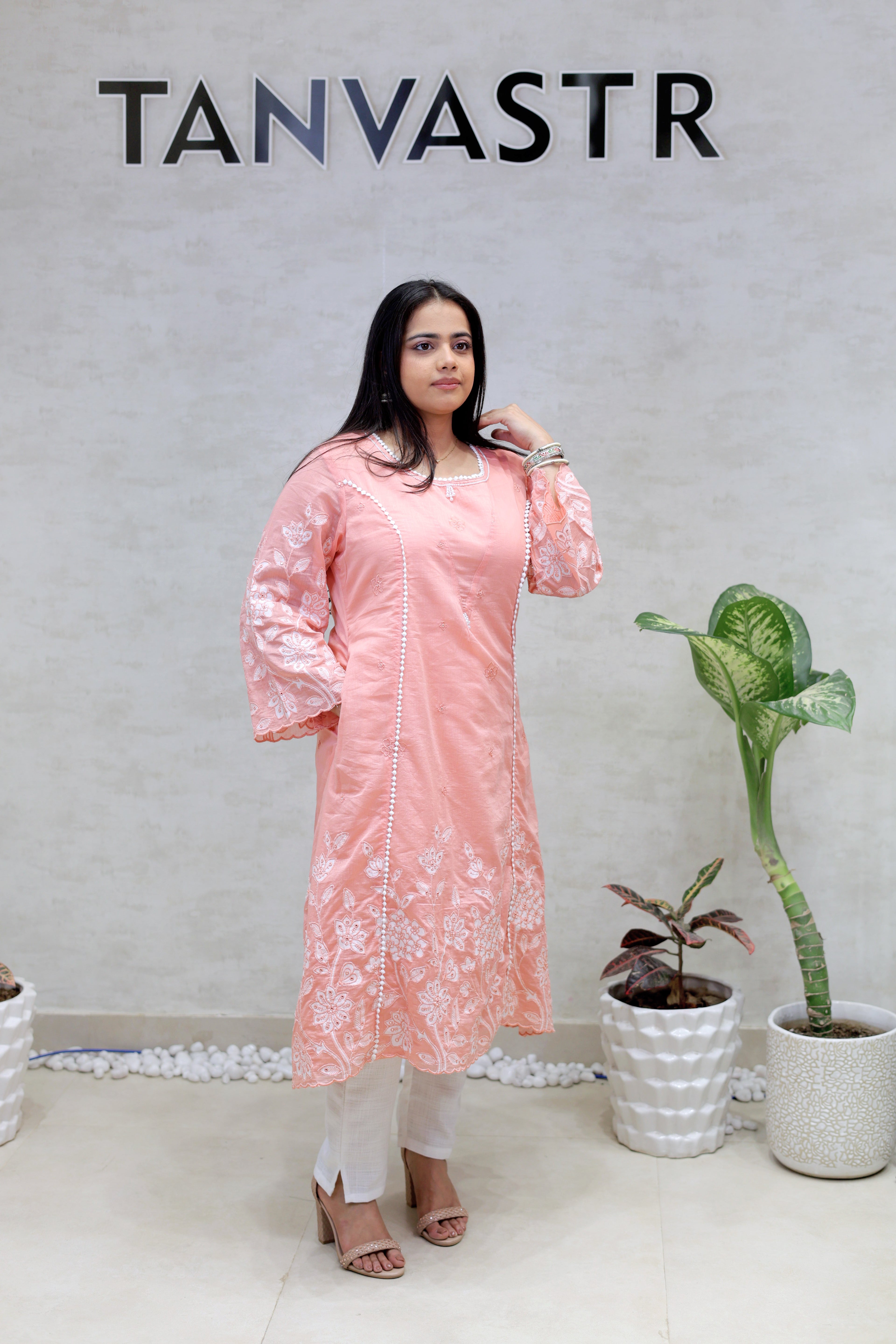 A-Line Applique Mul Cotton Kurta with Pants