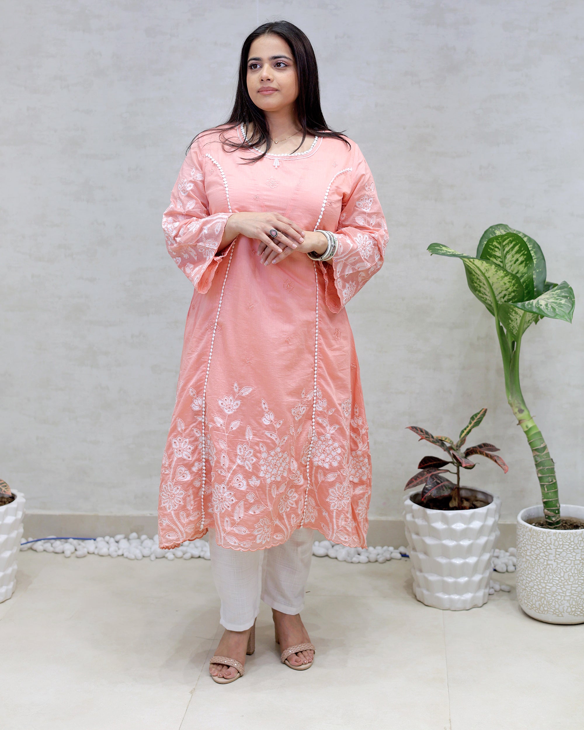 A-Line Applique Mul Cotton Kurta with Pants