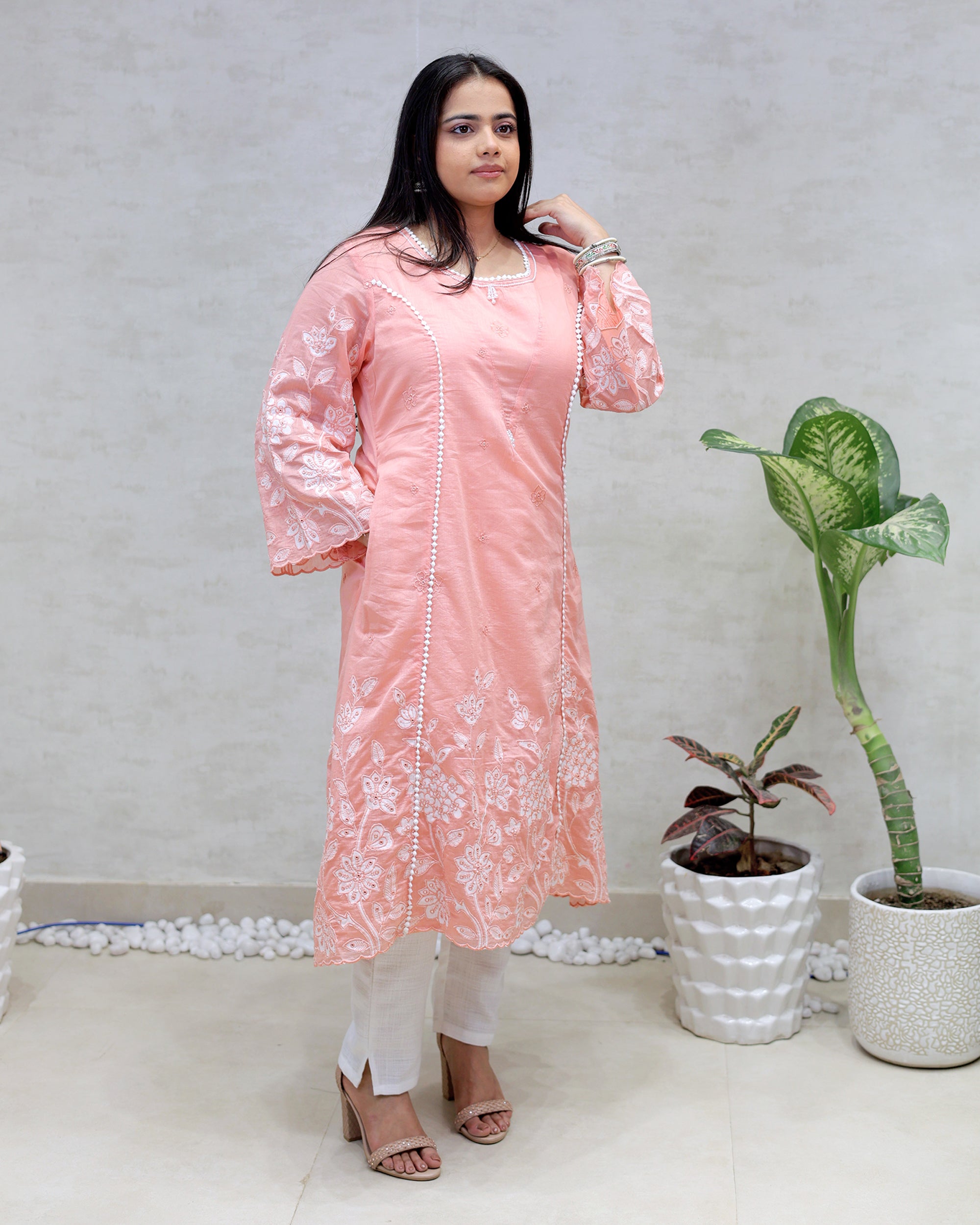 A-Line Applique Mul Cotton Kurta with Pants