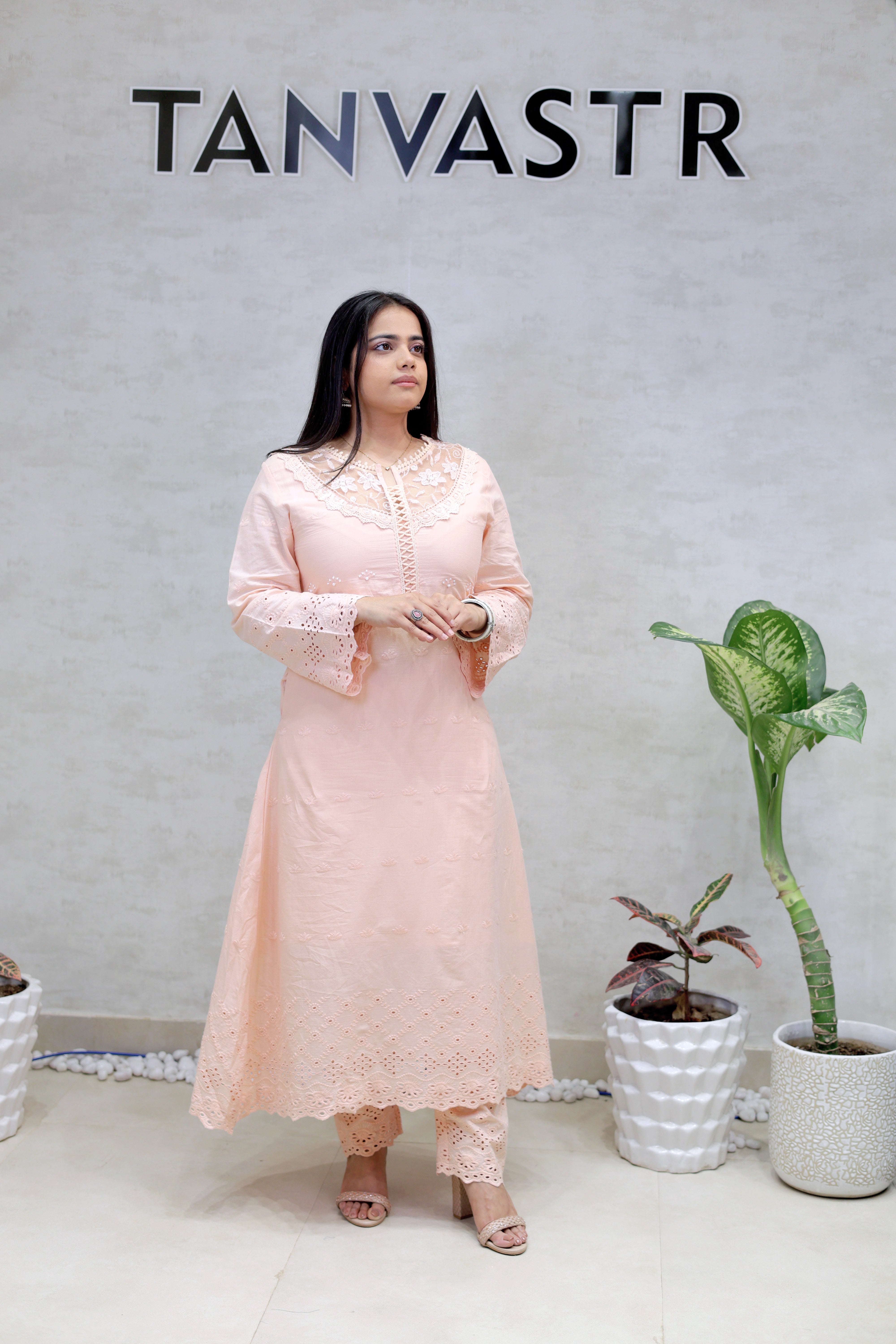 A-line Long Kurta Net Yoke with Pants