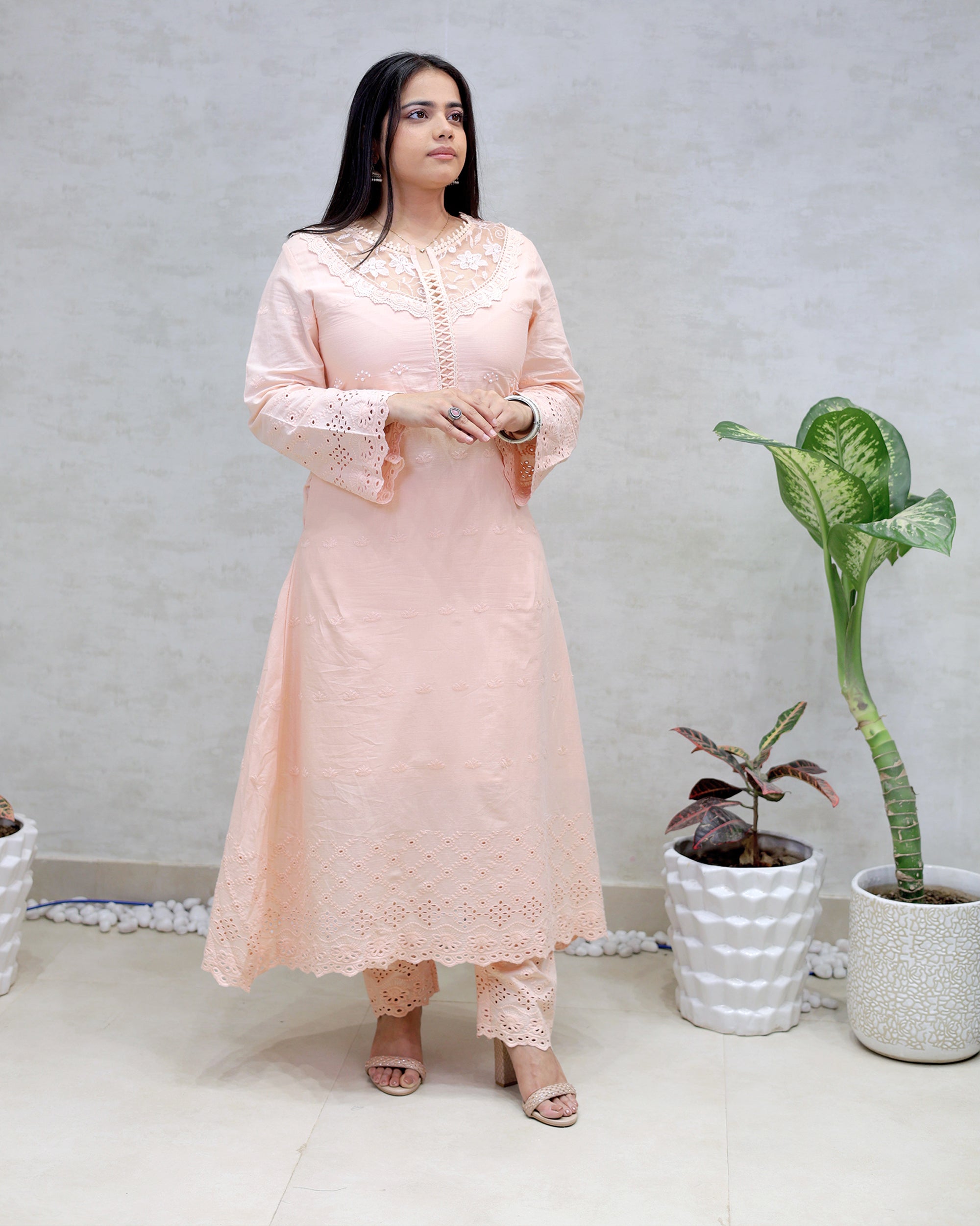 A-line Long Kurta Net Yoke with Pants