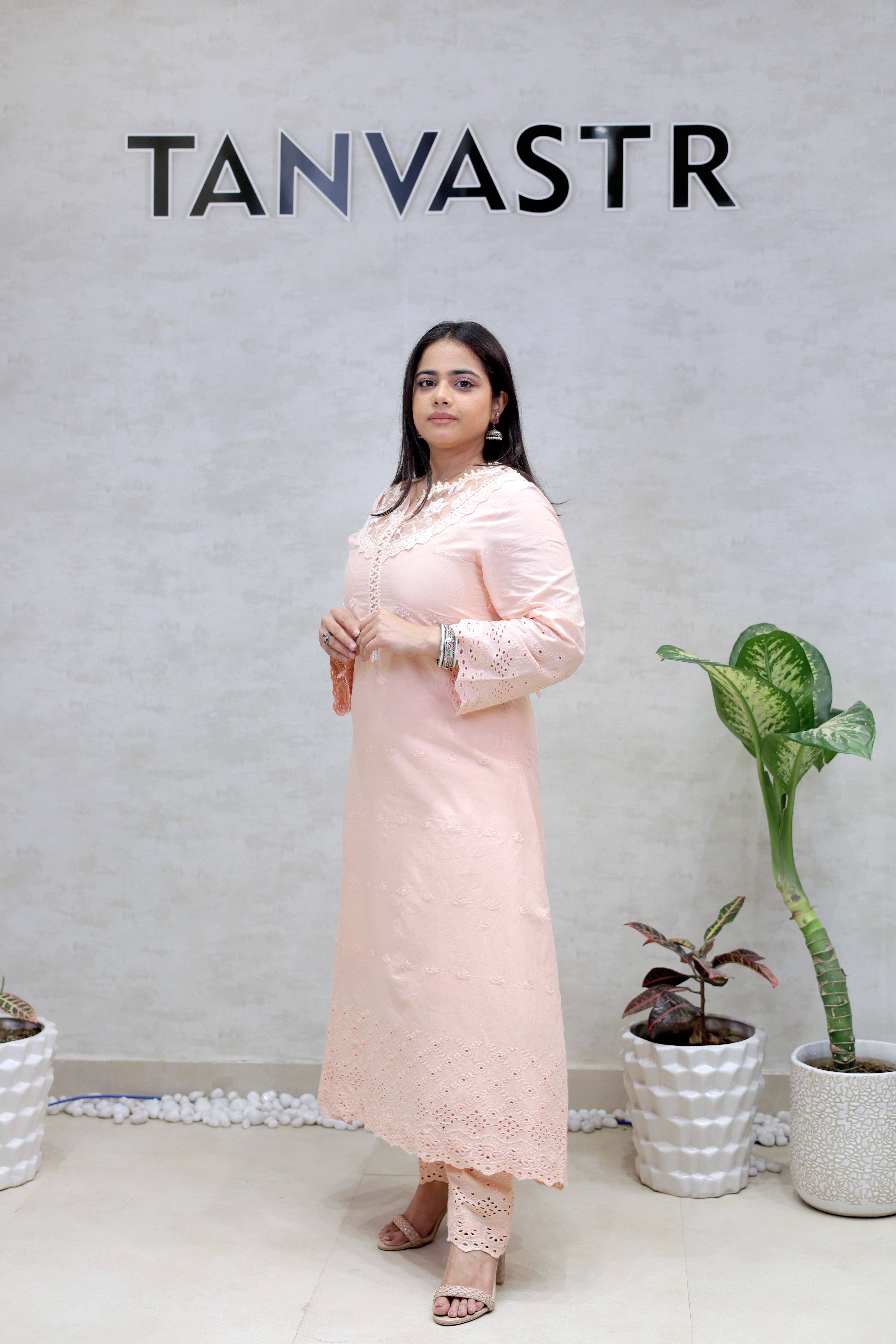 A-line Long Kurta Net Yoke with Pants