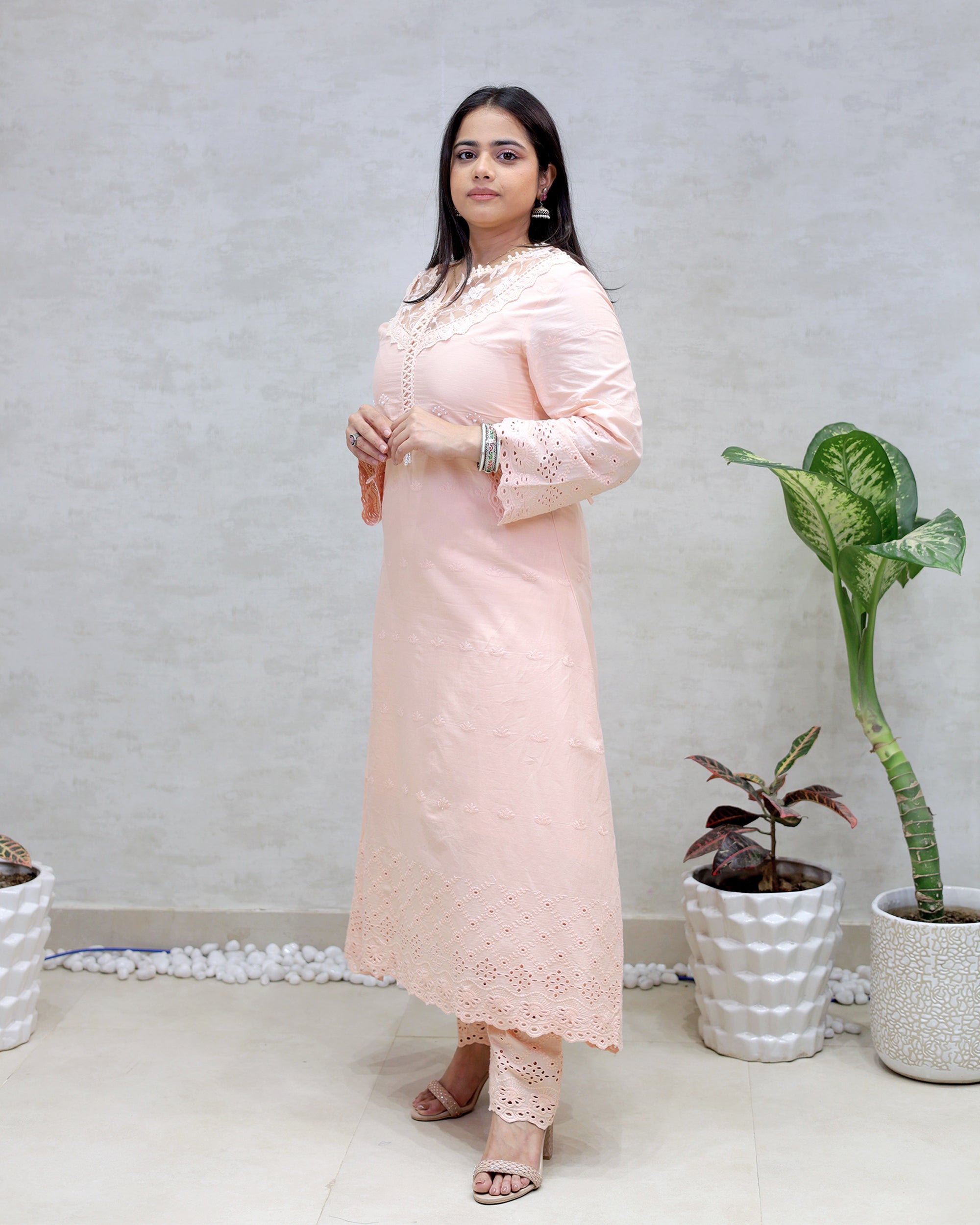 A-line Long Kurta Net Yoke with Pants