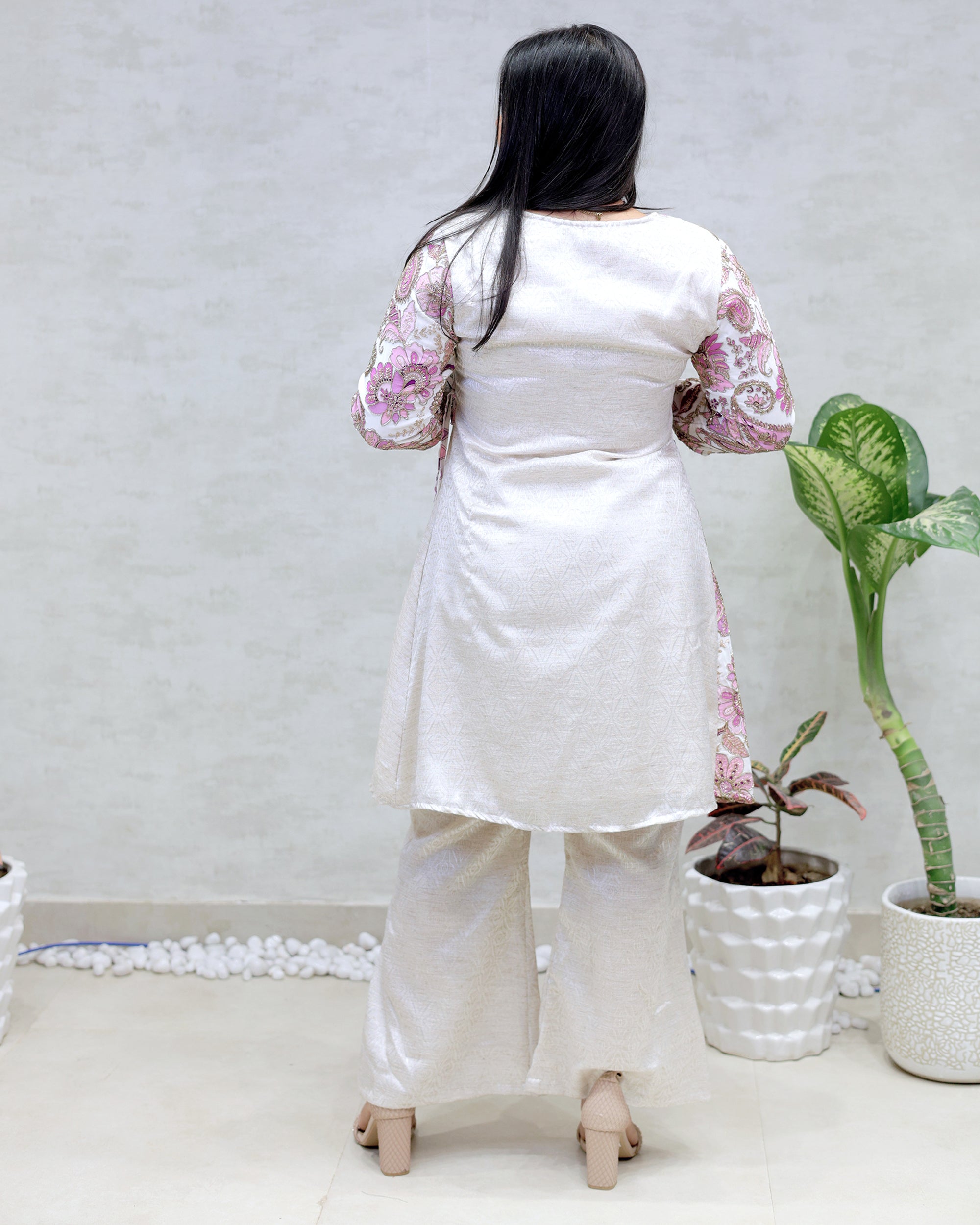 Angrakha Floral Jacquard Crepe Kurta with Palazzo Pants