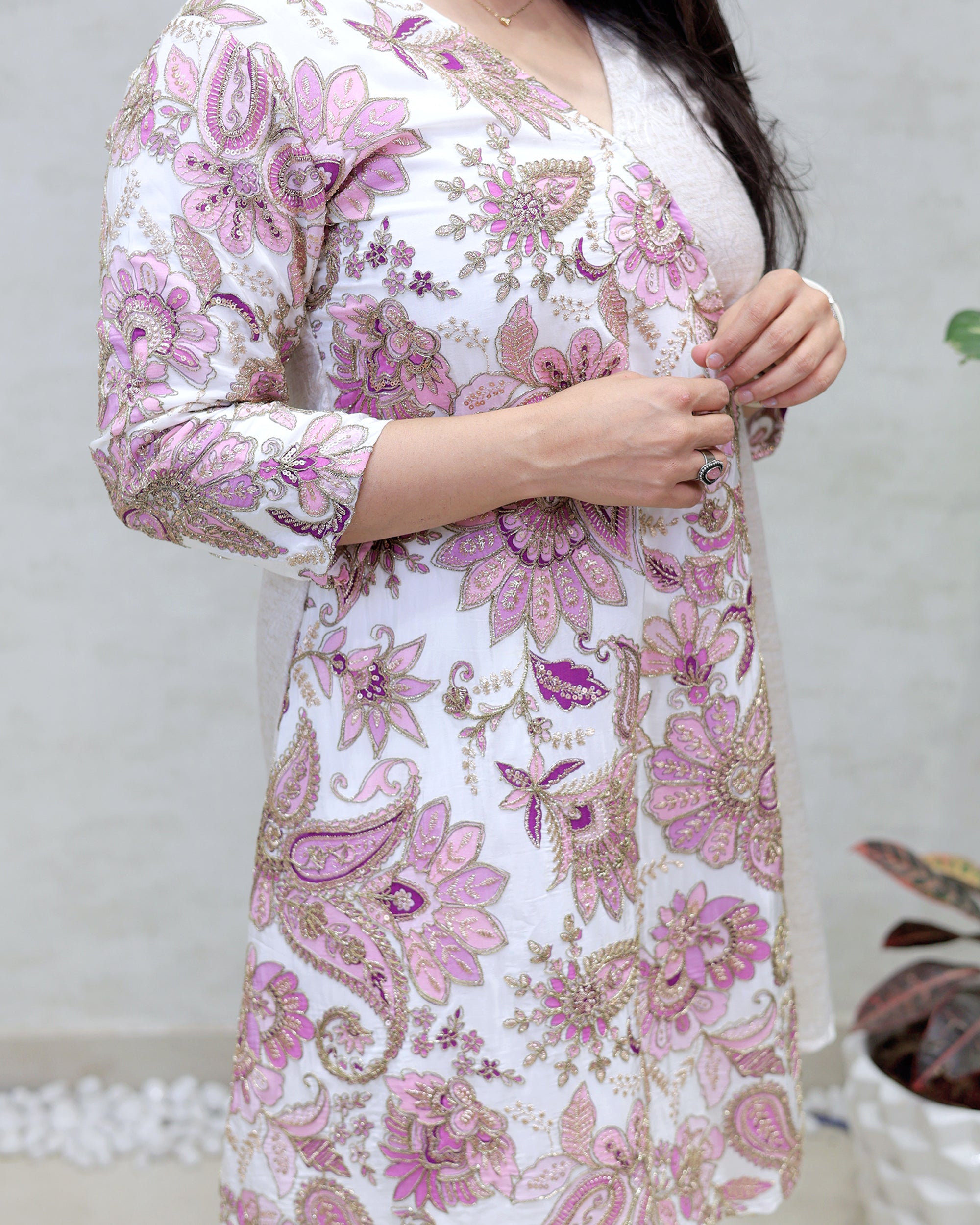 Angrakha Floral Jacquard Crepe Kurta with Palazzo Pants