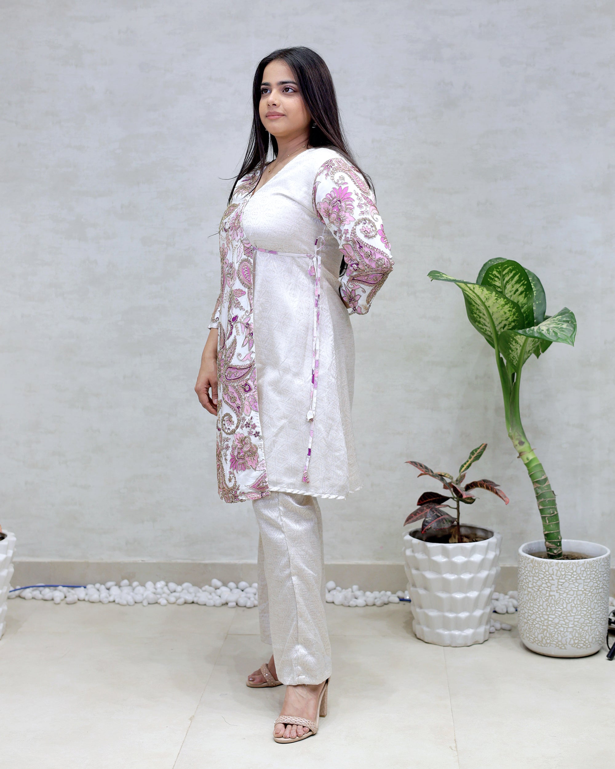 Angrakha Floral Jacquard Crepe Kurta with Palazzo Pants