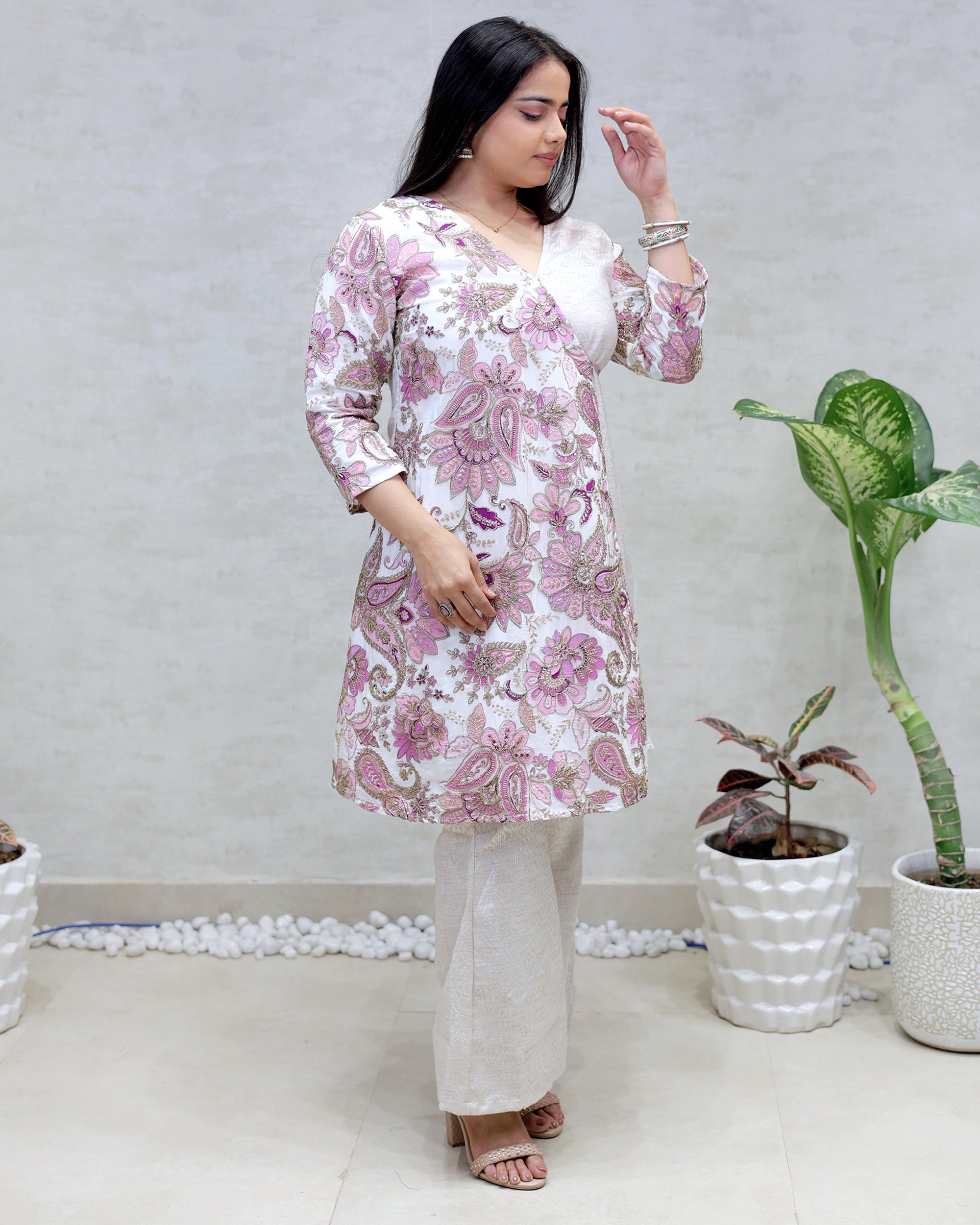 Angrakha Floral Jacquard Crepe Kurta with Palazzo Pants