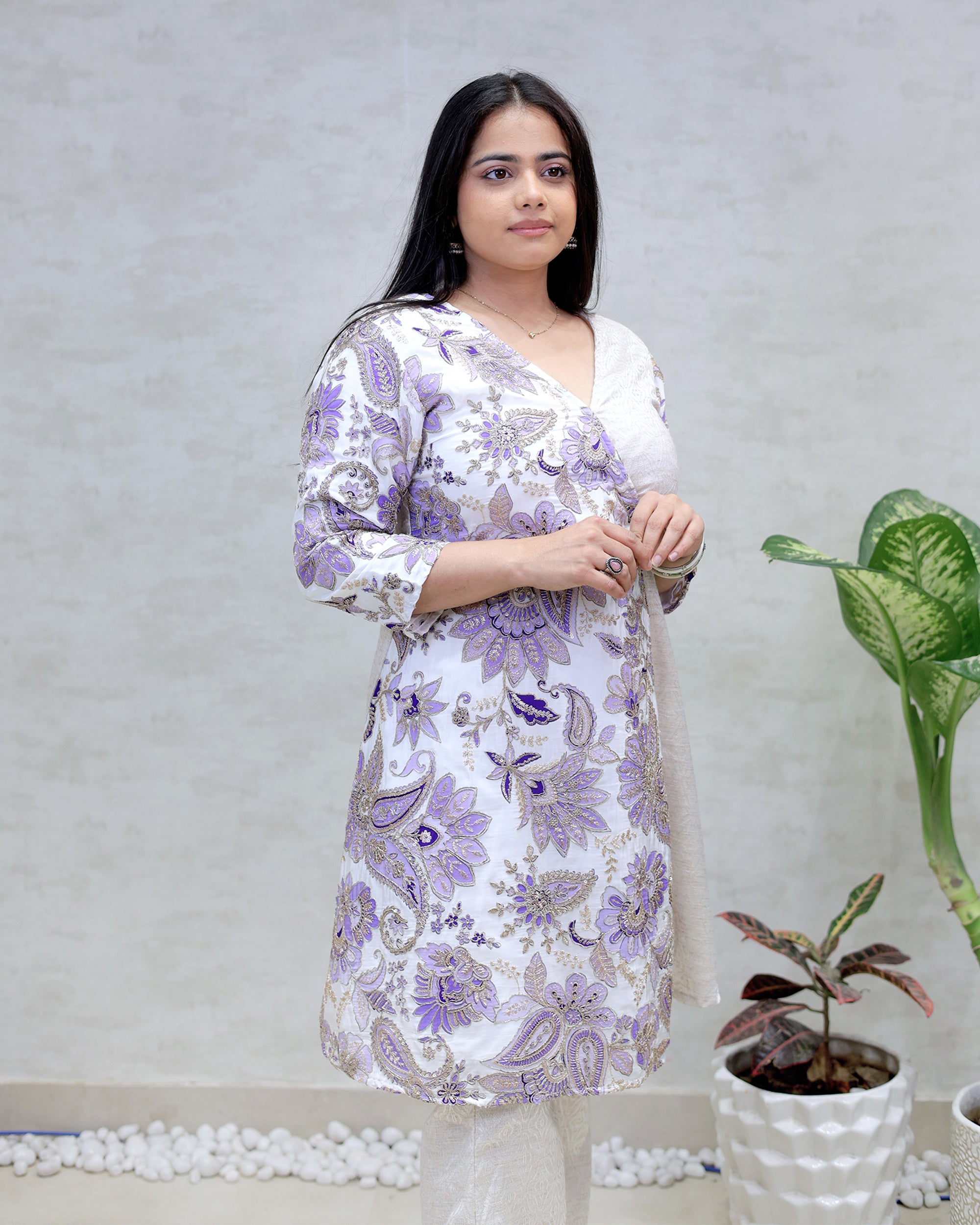 Angrakha Floral Jacquard Crepe Kurta with Palazzo Pants