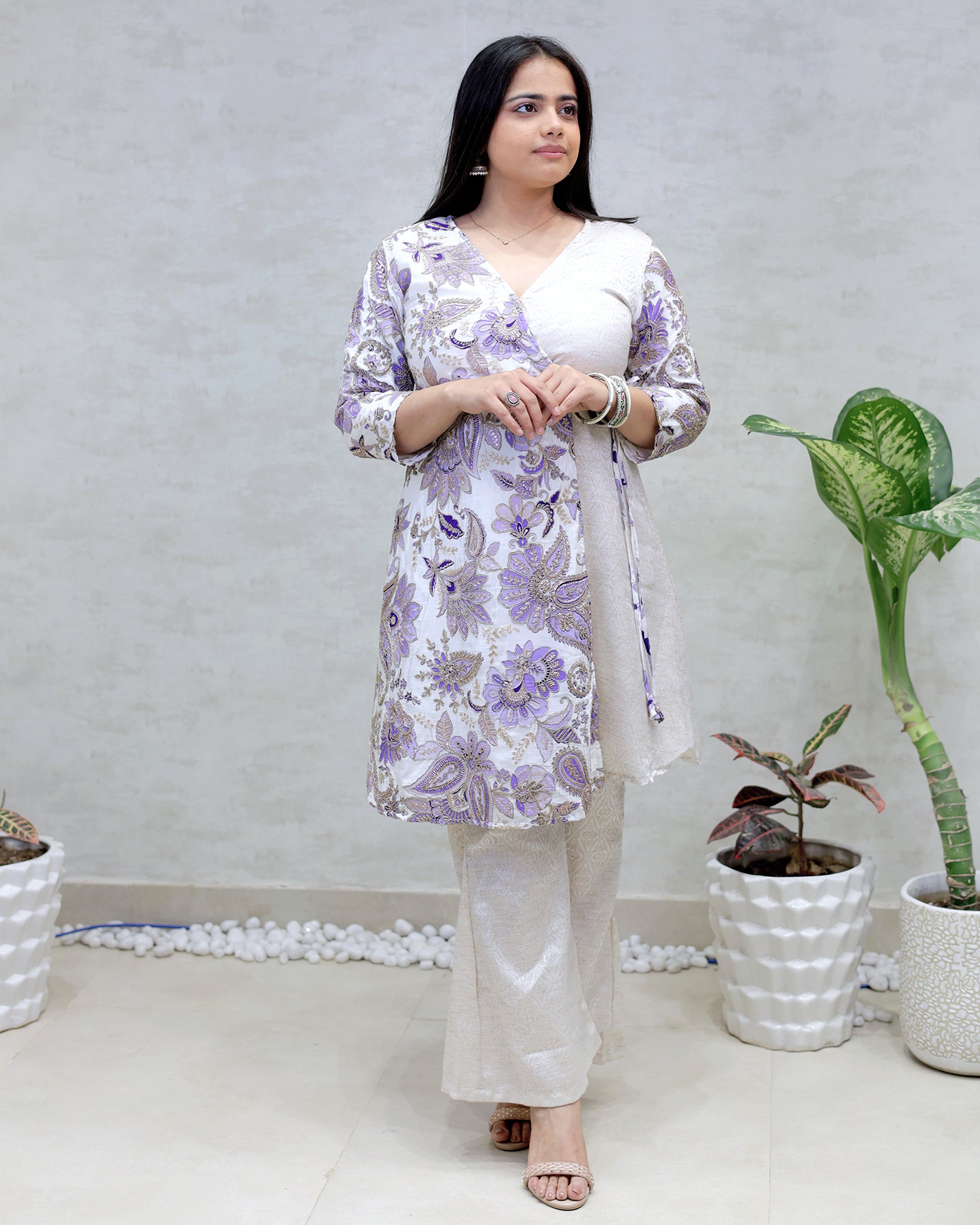 Angrakha Floral Jacquard Crepe Kurta with Palazzo Pants
