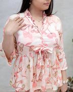 Rayon Floral Print Peplum Top with Bell Bottoms