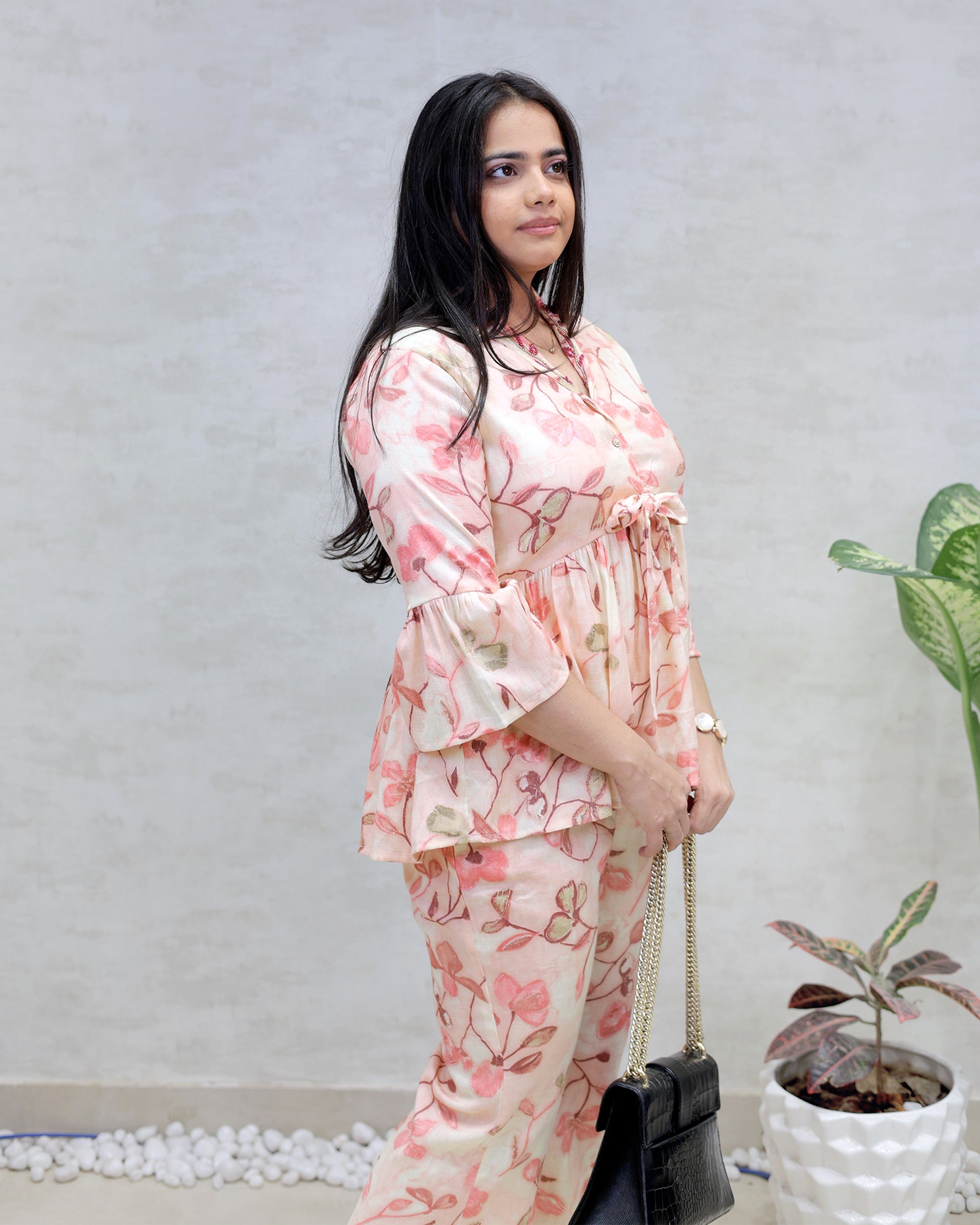 Rayon Floral Print Peplum Top with Bell Bottoms