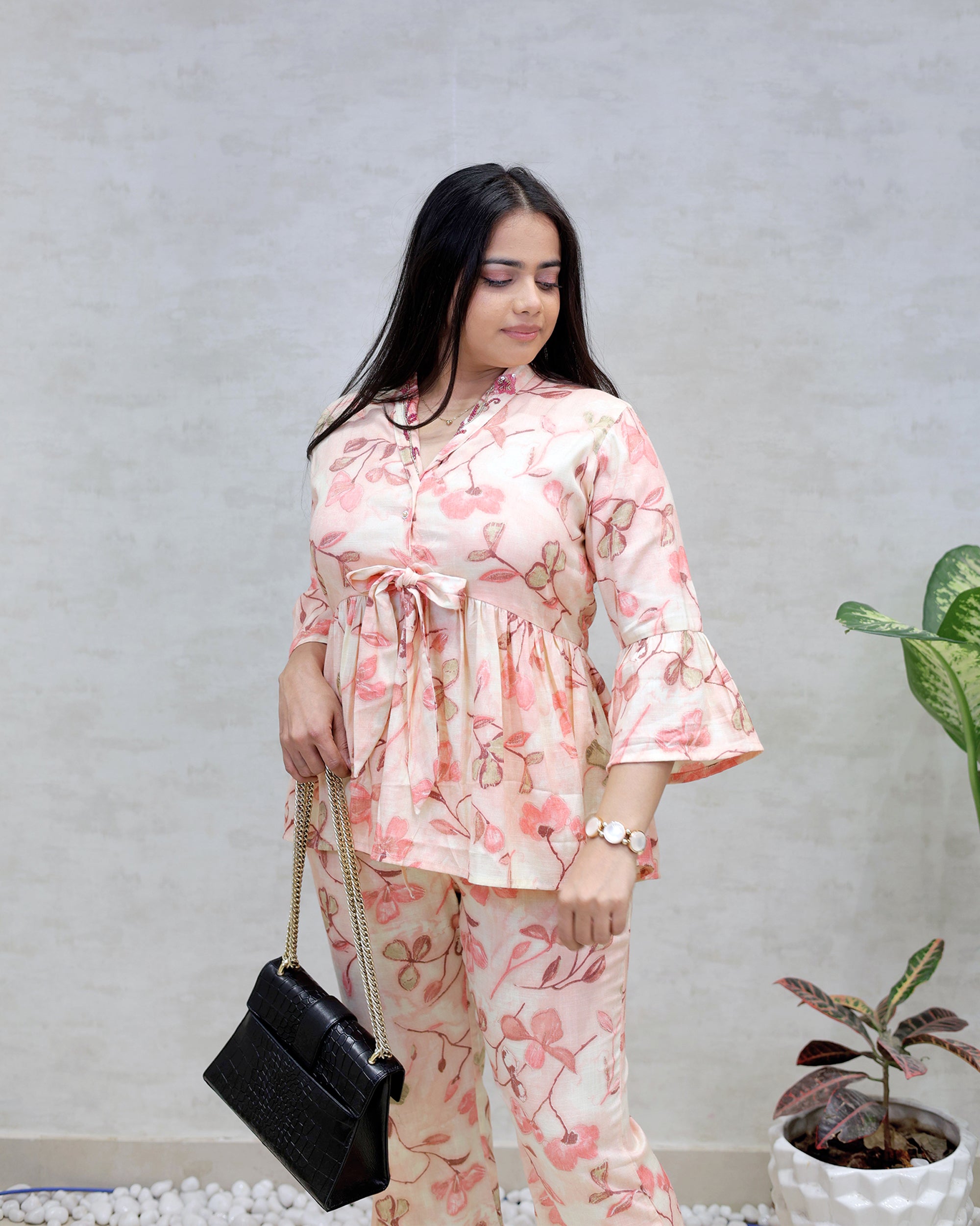 Rayon Floral Print Peplum Top with Bell Bottoms