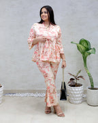 Rayon Floral Print Peplum Top with Bell Bottoms