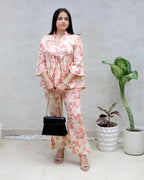Rayon Floral Print Peplum Top with Bell Bottoms